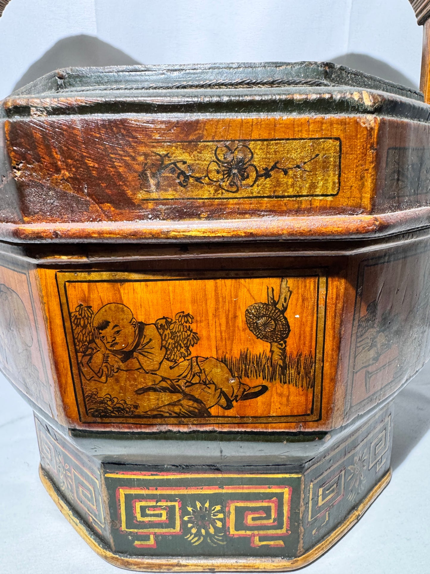 Antique Chinese Wedding / Brothel Basket – Lacquer Wood & Woven Bamboo