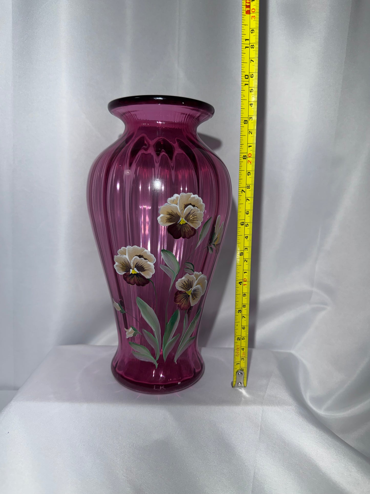 Fenton Pansies on Cranberry Optic Rib Vase 1994 – Hand-Painted – 9”