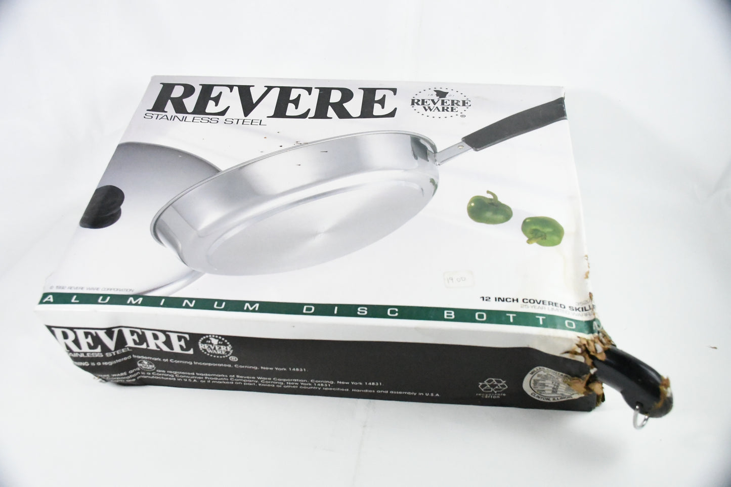 Revere Ware -Stainless Steel-12-inch Covered Skillet -3520527-Corning-Aluminum Disc Bottom-1192