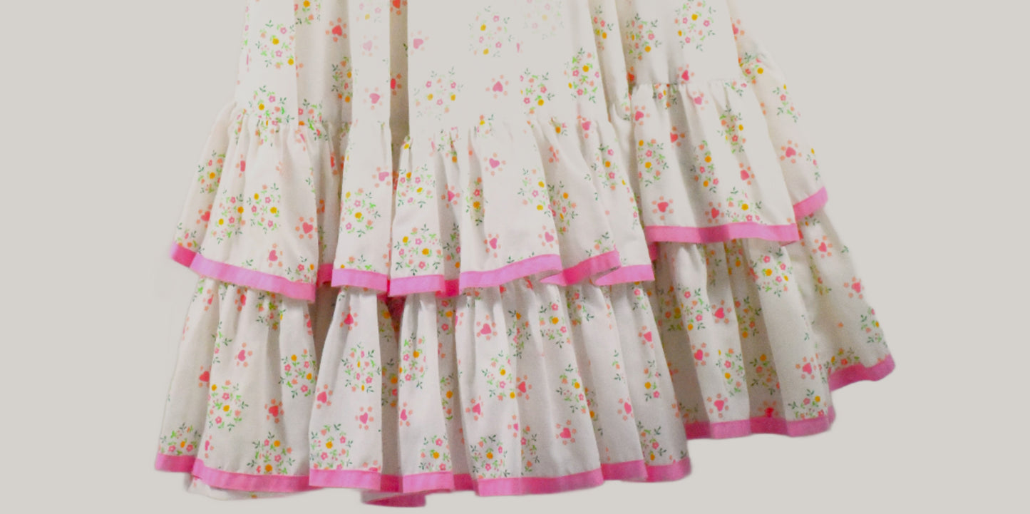Kate Schorer-Womens Square Dancing Dress- Pink Flower pattern w/ matching belt- puff sleeves-70's