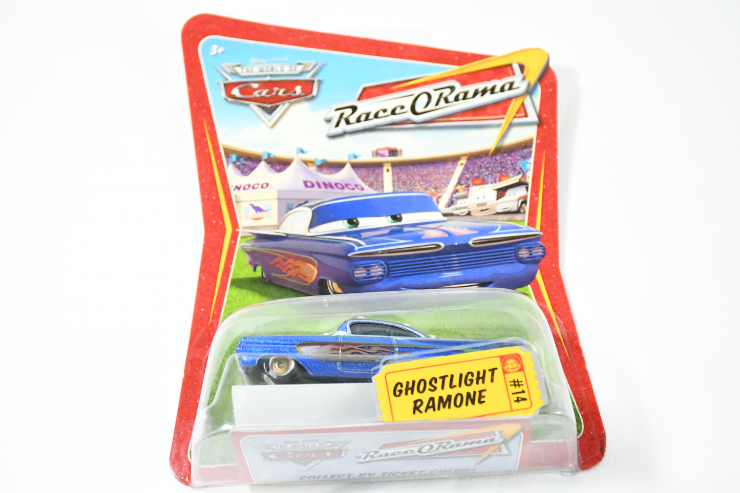 Disney-Pixar-Cars-Race O Roma- Ghostlight Ramone #14-Mattel-Diecast Toy car-blue with Flames