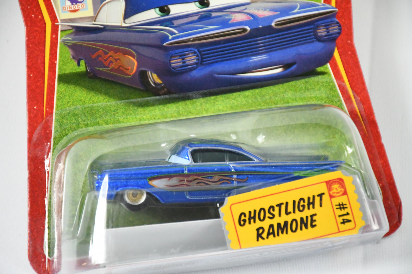 Disney-Pixar-Cars-Race O Roma- Ghostlight Ramone #14-Mattel-Diecast Toy car-blue with Flames