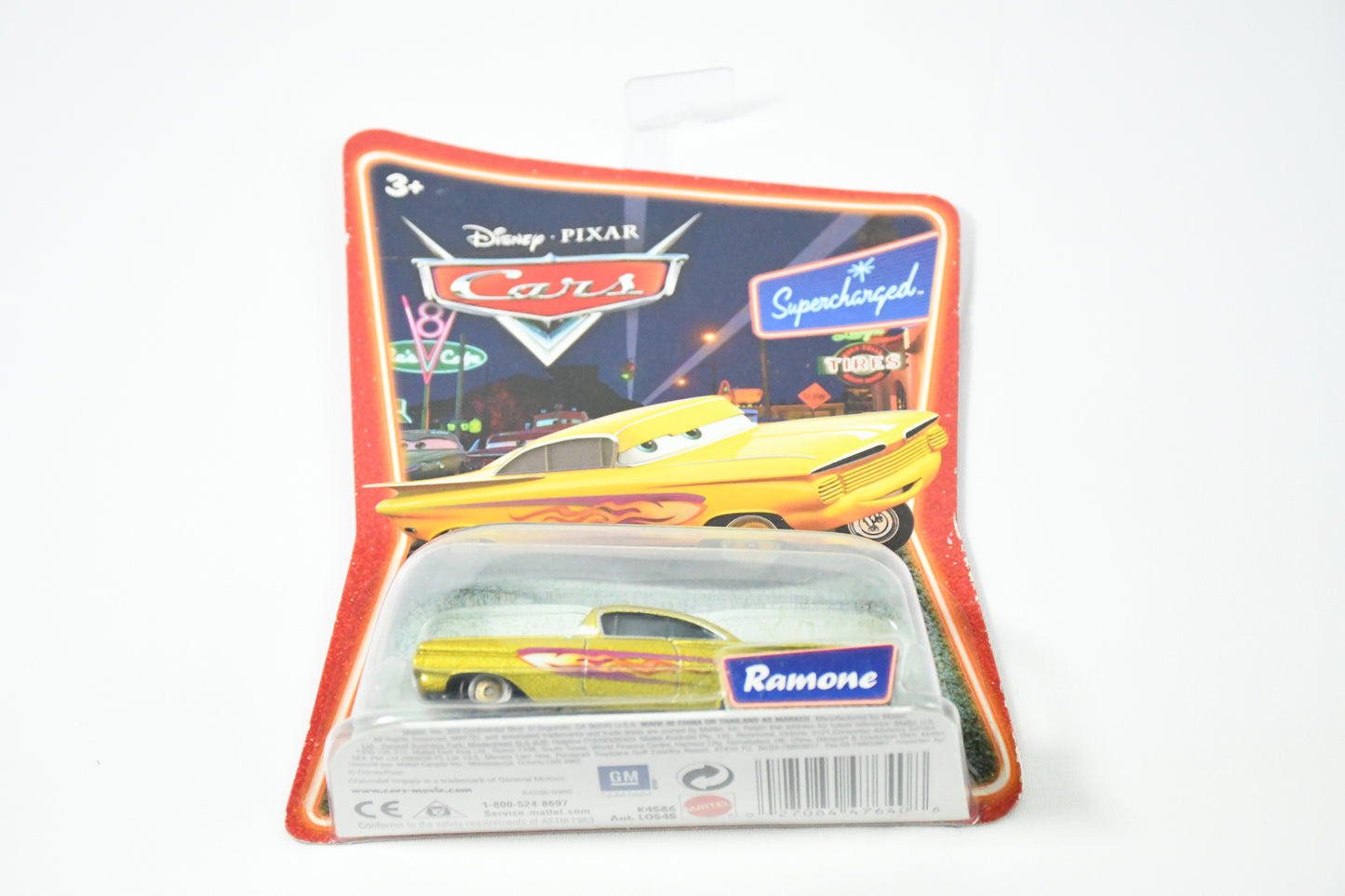 Disney-Pixar-Cars-Race O Roma- Ghostlight Ramone #14-Mattel-Diecast Toy car-blue with Flames
