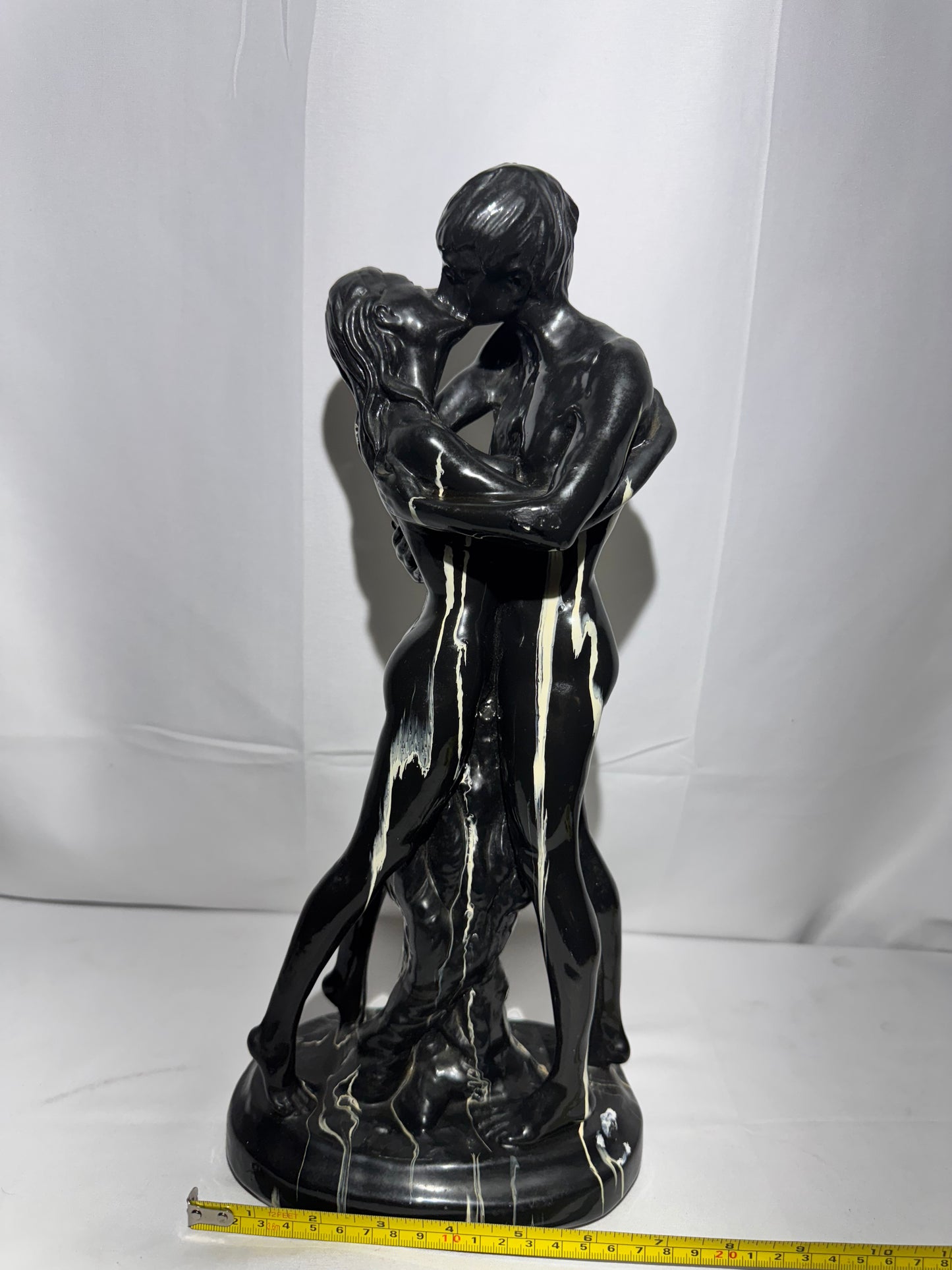 Art Deco Ceramic Sculpture “Lovers Embrace” / “The Kiss” – Black & White – 15.5” Tall