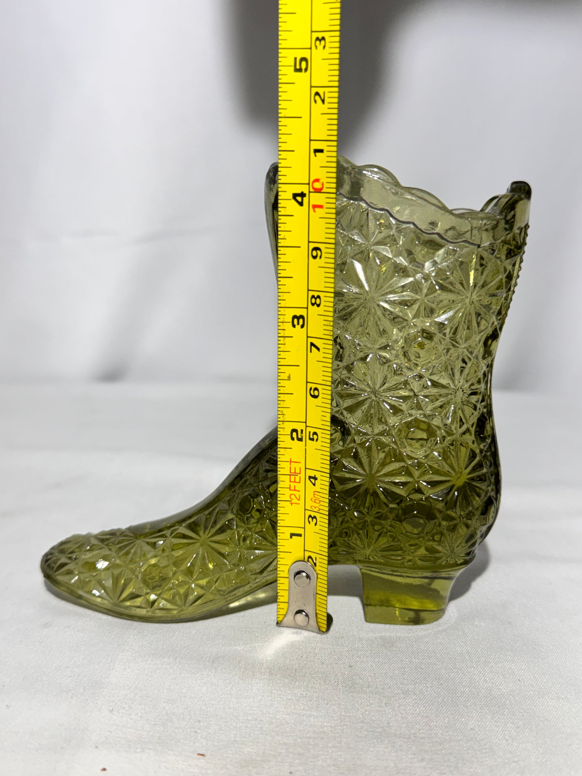 Fenton Art Glass Colonial Green Boot Toothpick Holder – Daisy & Button Pattern (1970s)