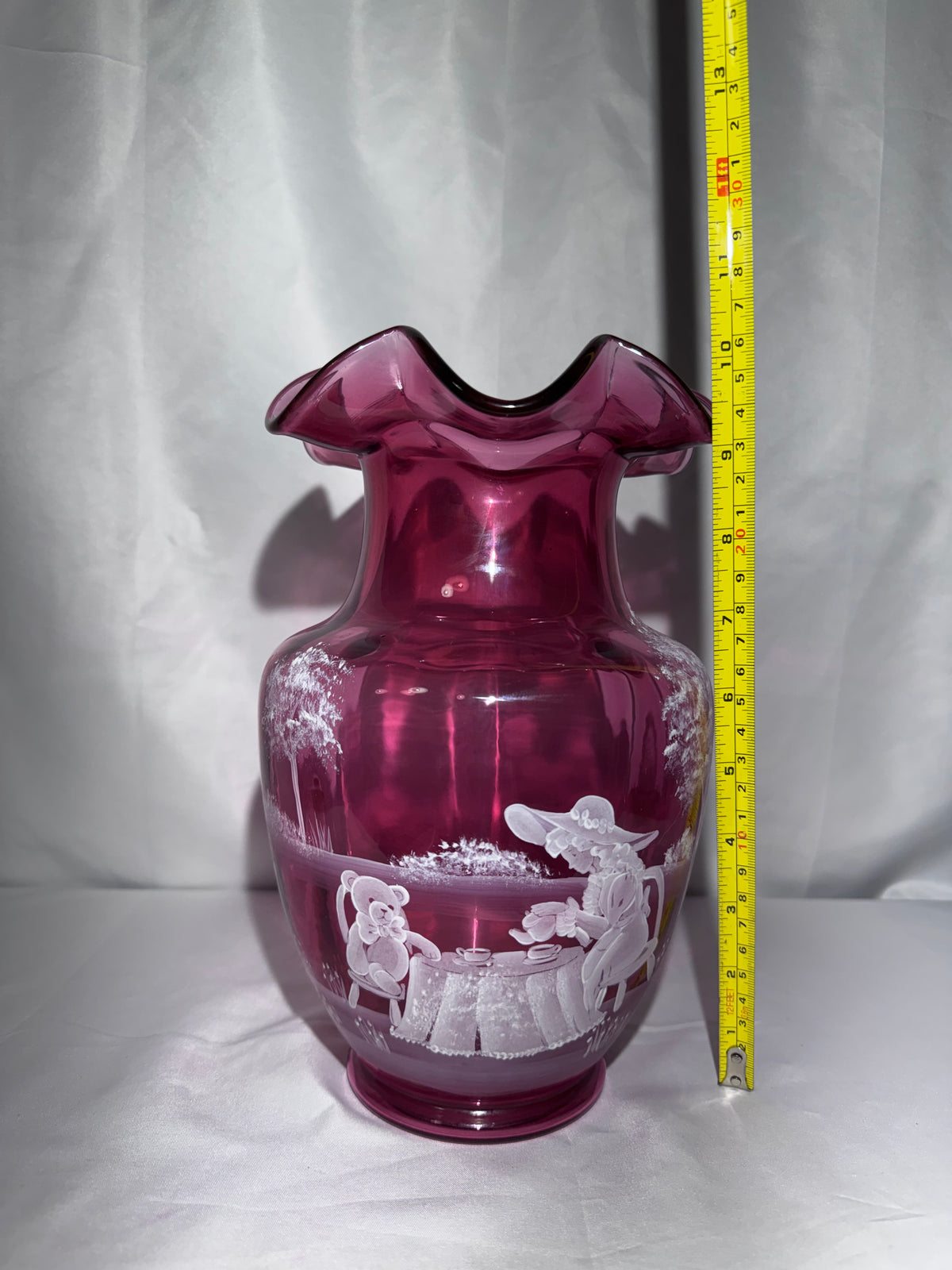 Fenton Cranberry Glass Mary Gregory-Style Hand-Painted Tea Party Ruffled Rim 10” Vase – Limited Edition #1783/2350