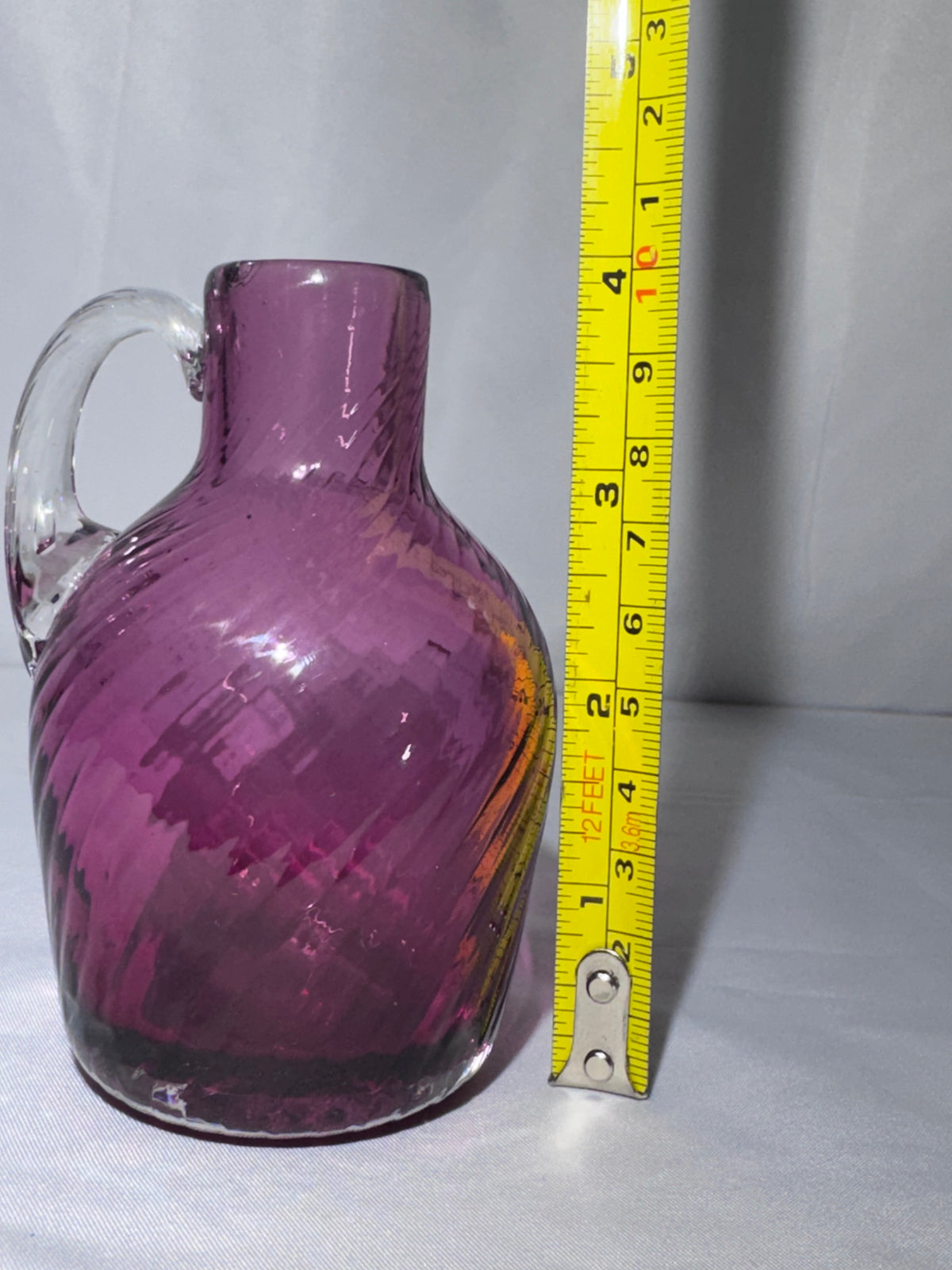 Vintage Hand-Blown Cranberry Art Glass Jug – Swirled Optic Pattern 70’s
