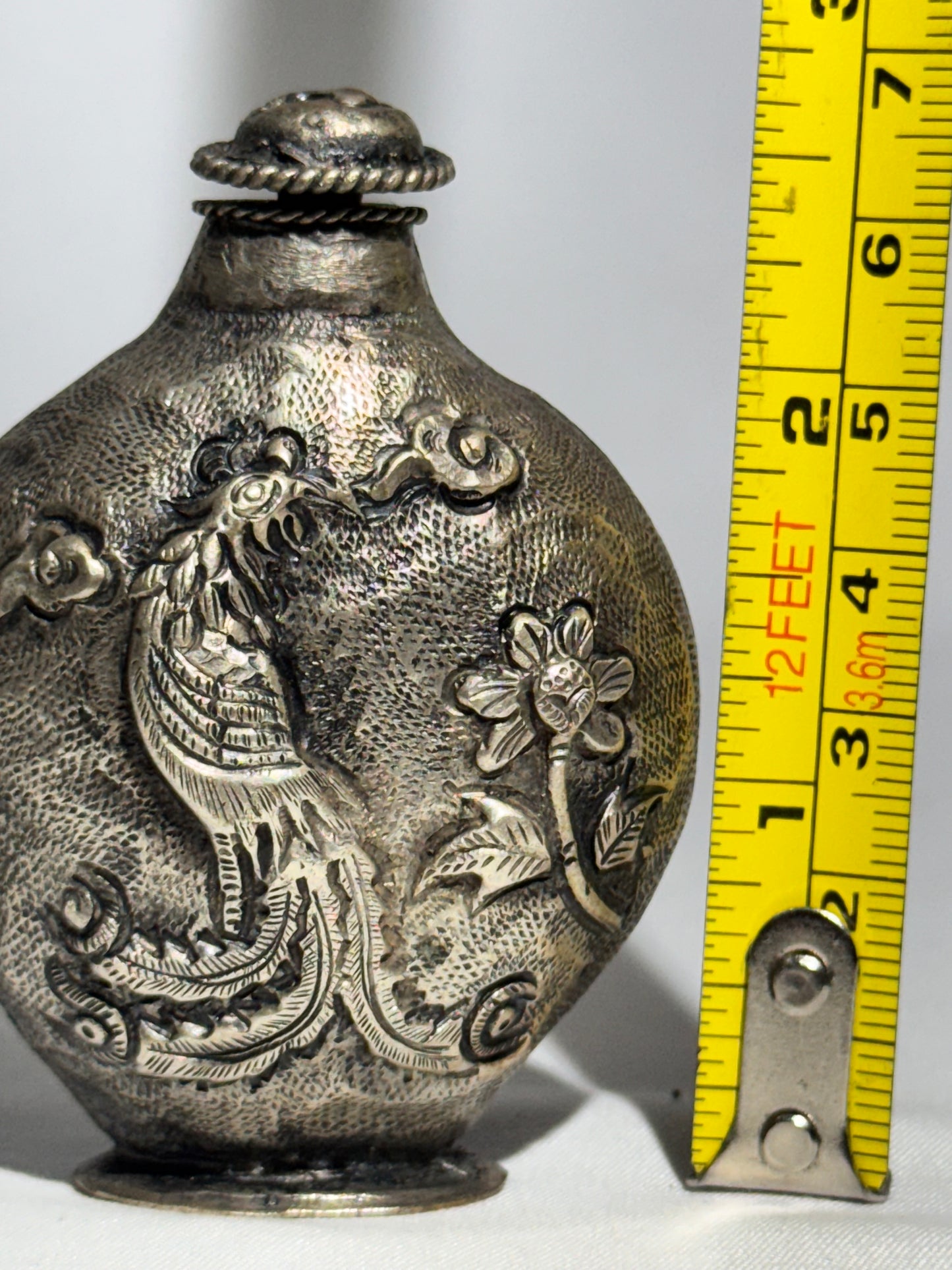 Antique Chinese Snuff Bottle – Repoussé Phoenix & Floral Motif – Hammered Metal Design