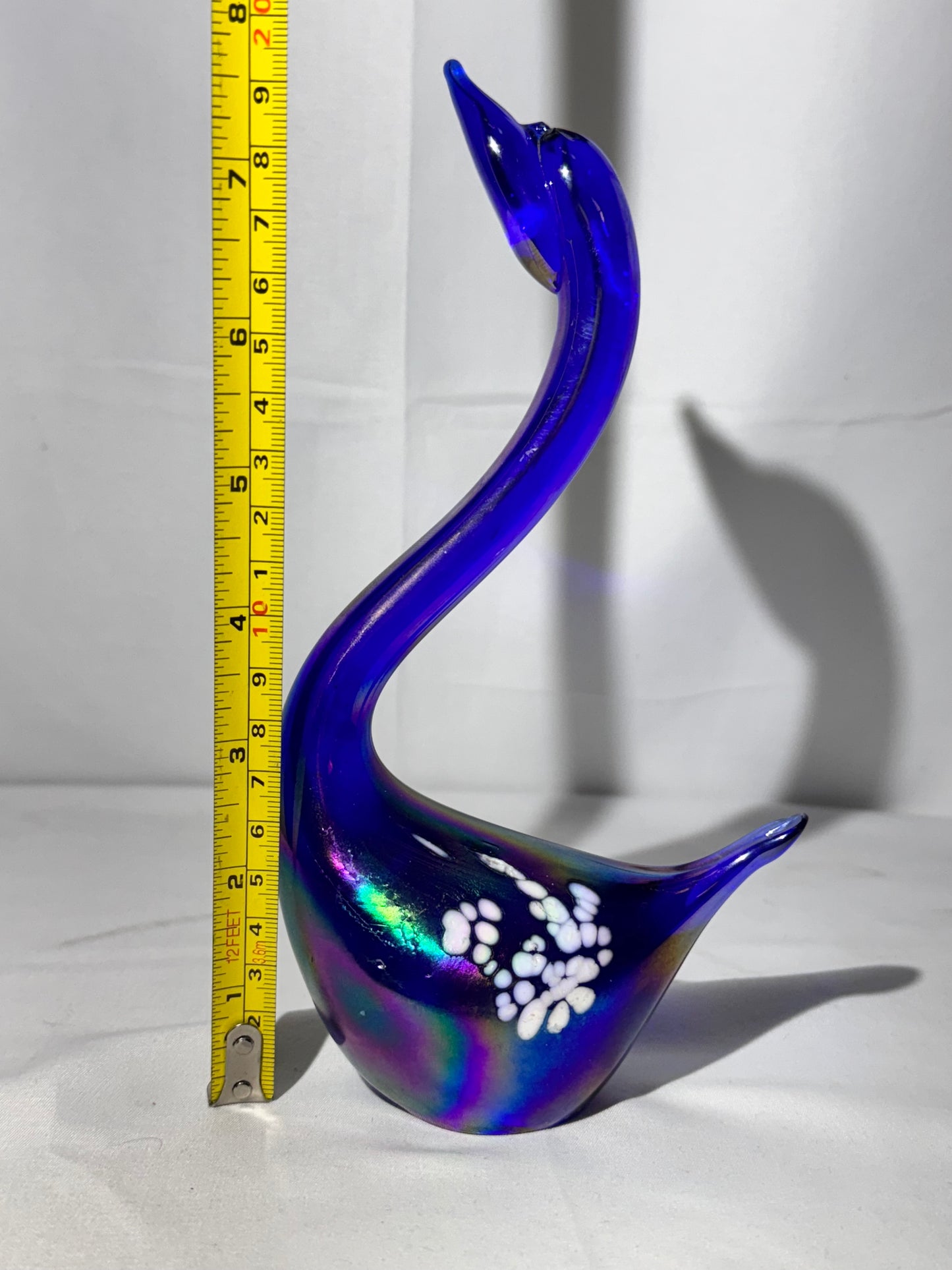 Blue Iridescent Carnival Glass Swan – Hand Painted Accent Wings – 7½”