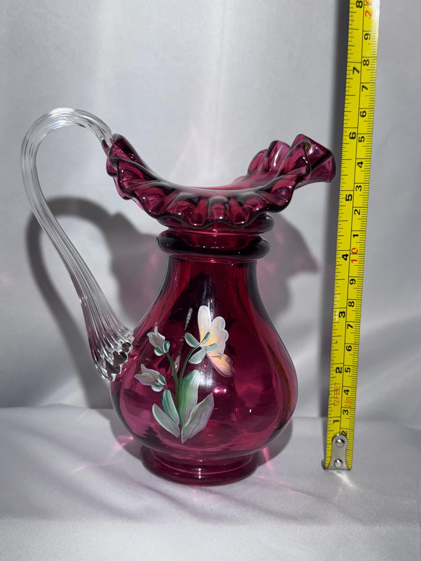 Vintage Fenton Cranberry Glass Pitcher – Hand-Painted Pansies – Signed