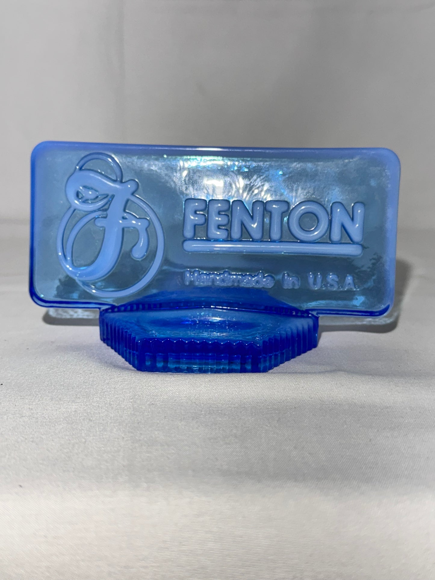 Fenton Blue Glass Logo Display Paperweight – Handmade in the USA – Dealer Point of Sale (1990s)