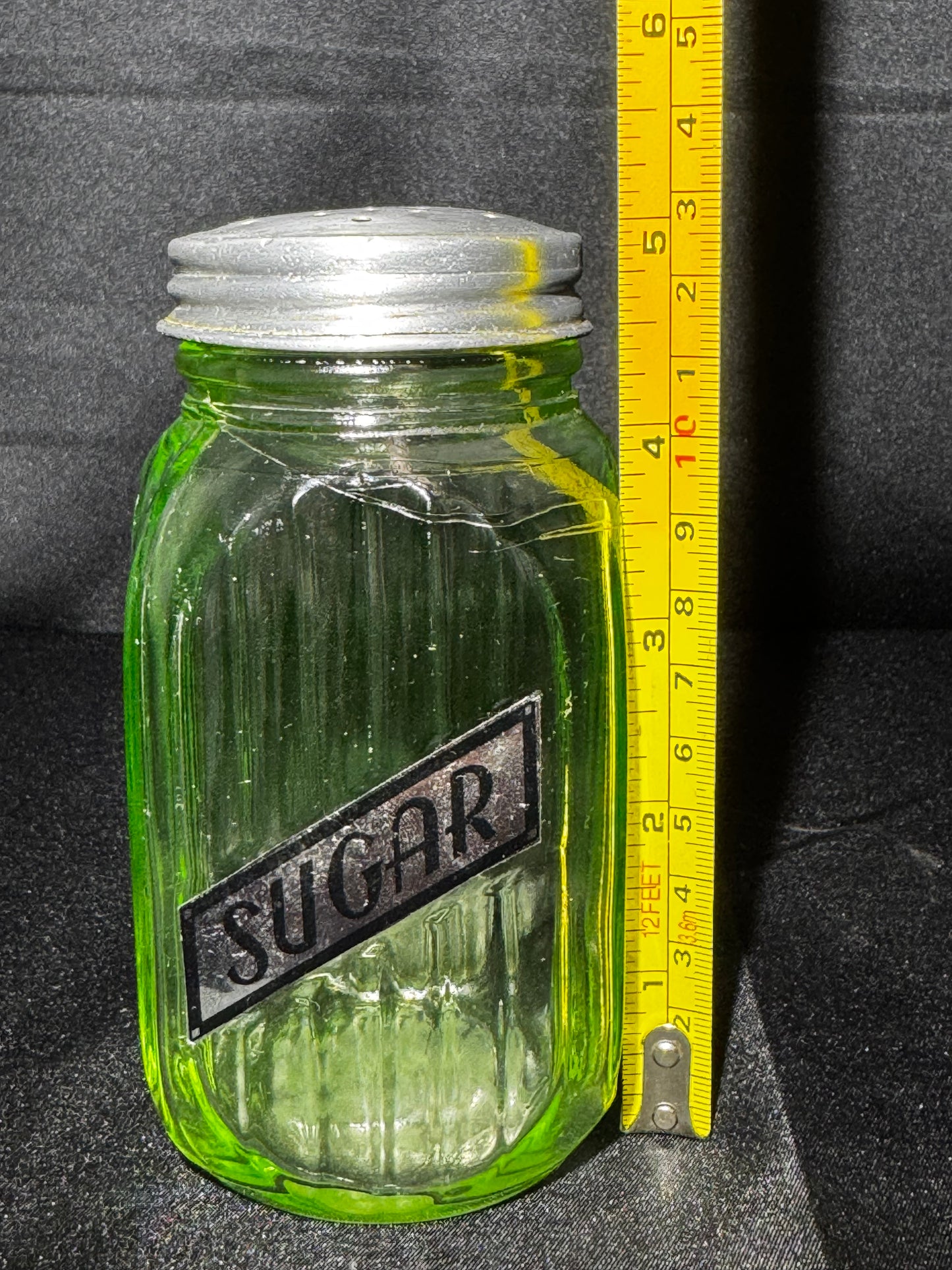 Vintage Anchor Hocking Uranium Glass SUGAR Shaker Ribbed Hoosier Jar w/ Metal Lid