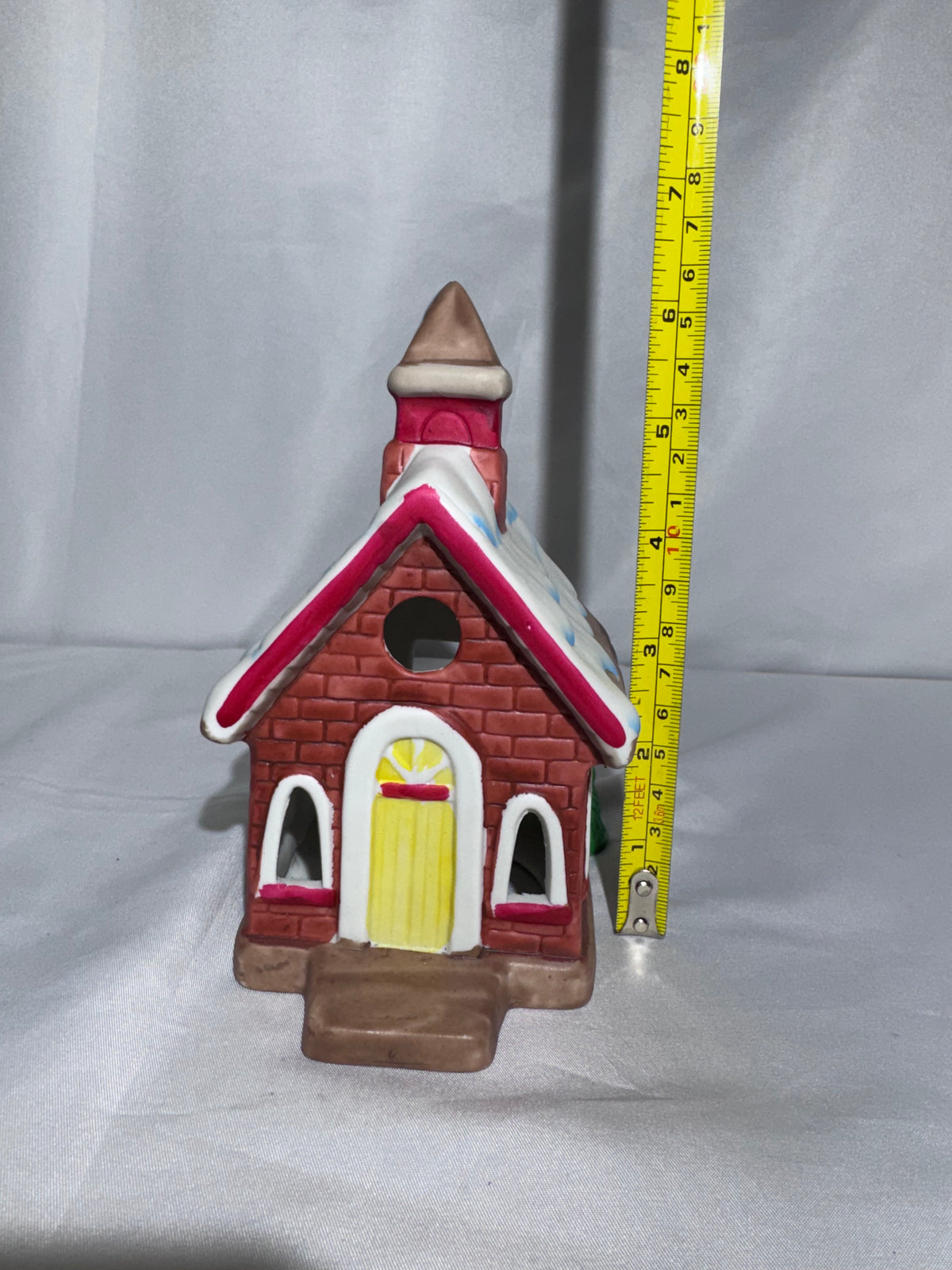 Ceramic Christmas village, church, tea, light candle holder, red brick, snowy roof