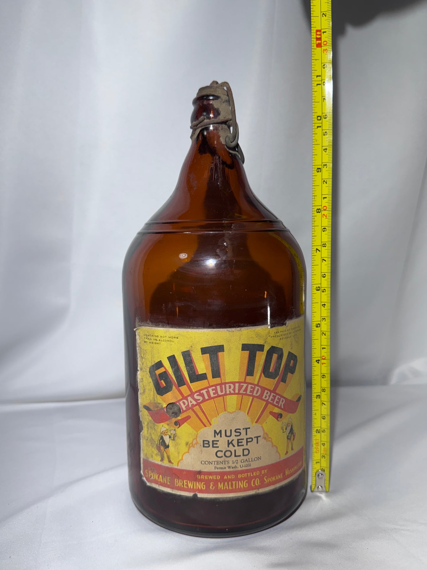 Vintage 1930s Gilt Top Pasteurized Beer 1/2 Gallon Amber Jug – Spokane Brewing & Malting Co. – Spokane WA