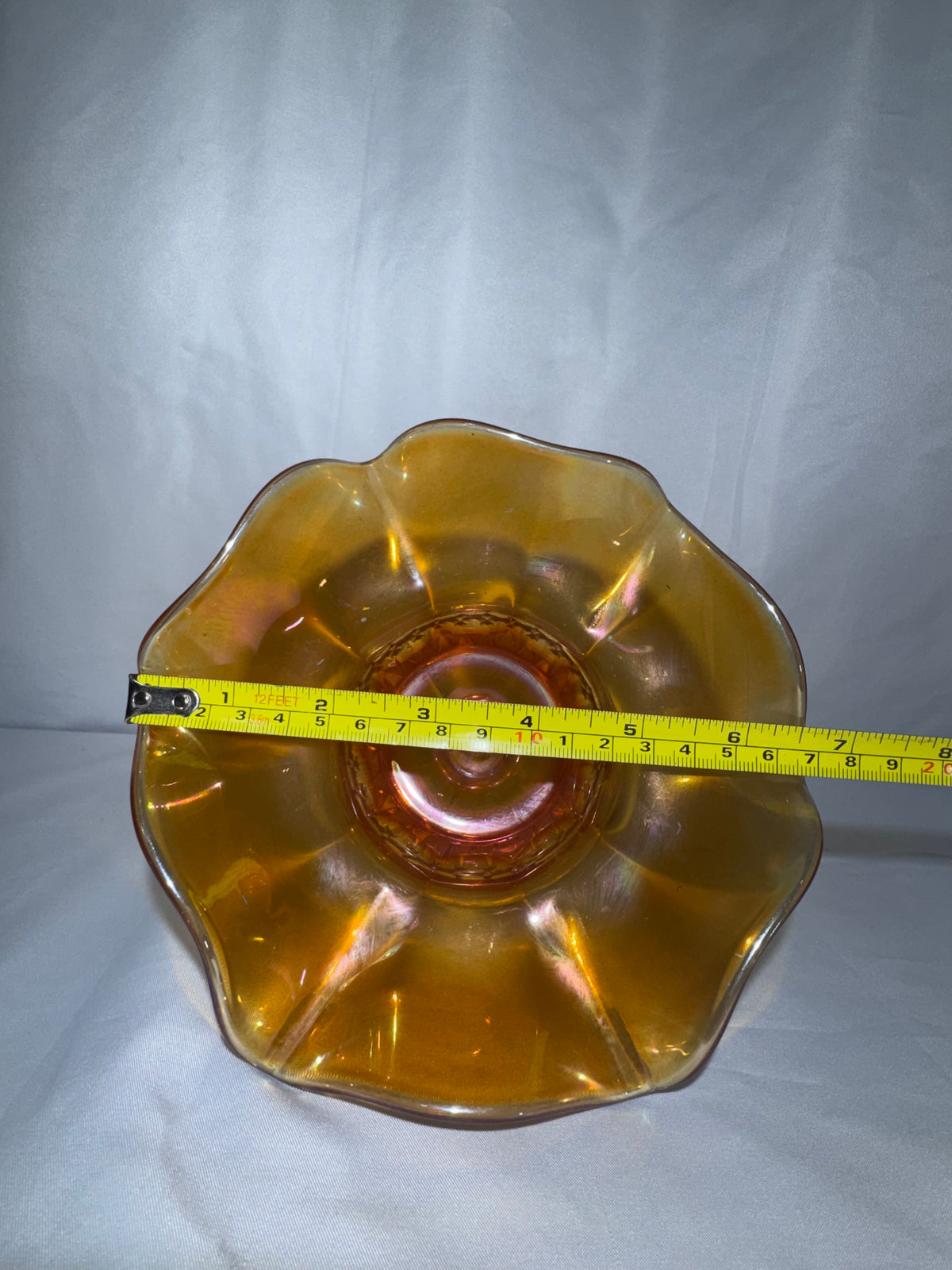 Vintage Marigold Carnival Glass Ruffled Pedestal Compote / Candy Dish 1920’s