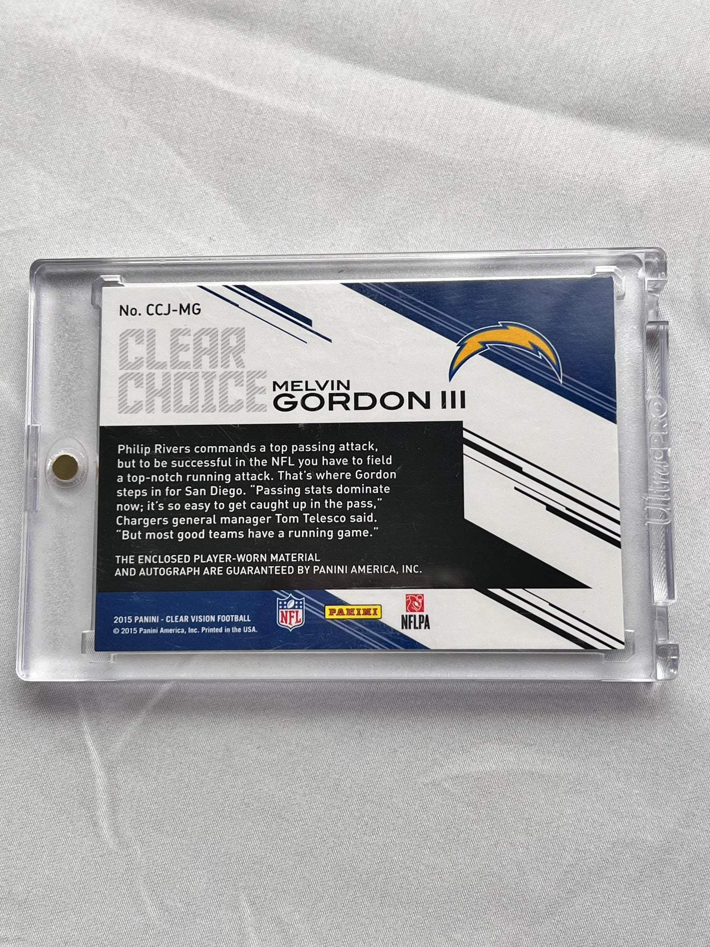 Football Card - Melvin Gordon III - Rookie Card - Clear Vision -2015 Panini - Autographed patch - # 22/25 CCJ-MG - LA Chargers
