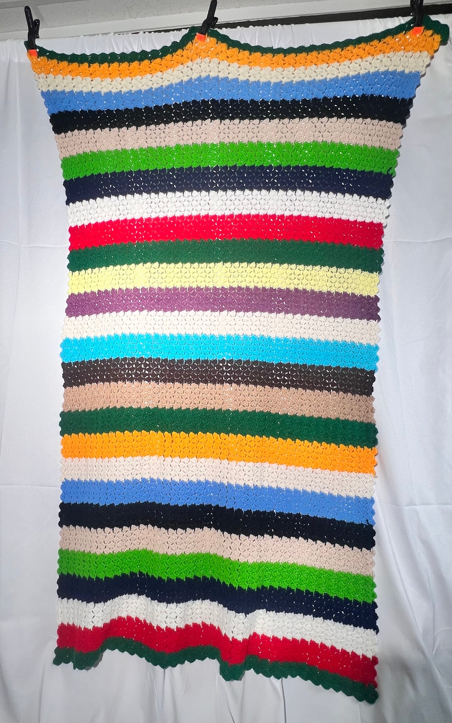 Afghan- multi color striped- 45”x 62”- hand made - Crochet- Blanket