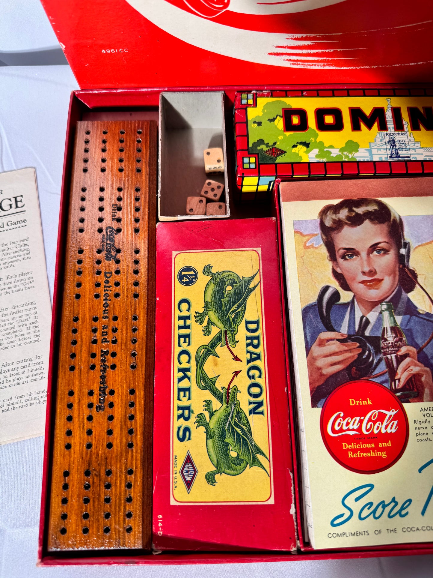 Coca Cola - vintage game set- Checkers, Dominoes, Backgammon, Cribbage and 2 Decks of Cards- Milton Bradley Company