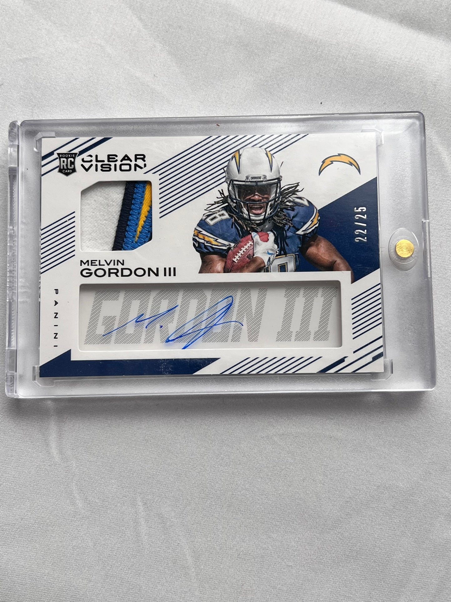 Football Card - Melvin Gordon III - Rookie Card - Clear Vision -2015 Panini - Autographed patch - # 22/25 CCJ-MG - LA Chargers