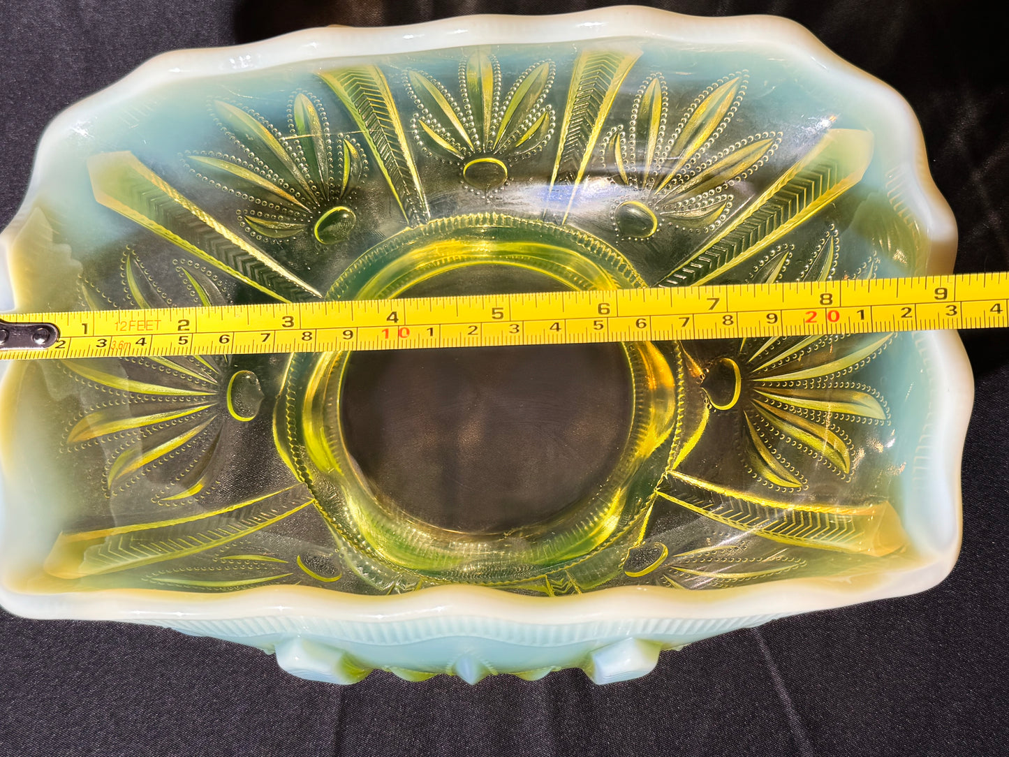 Uranium- Fenton -Cactus- rectangle footed bowl- topaz opalescent - early 20th century-