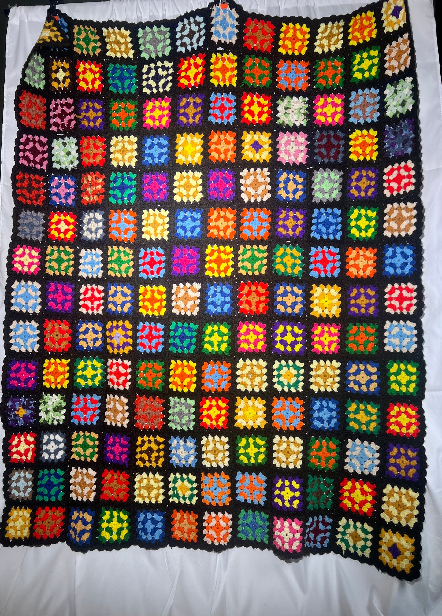 Large Afghan- vintage hand crochet blanket- Multi colored square pattern - 61” x 72”