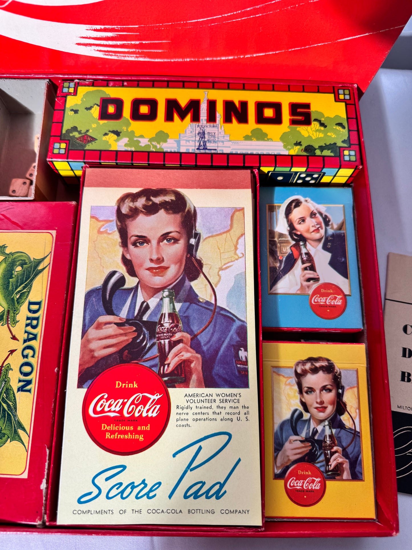 Coca Cola - vintage game set- Checkers, Dominoes, Backgammon, Cribbage and 2 Decks of Cards- Milton Bradley Company