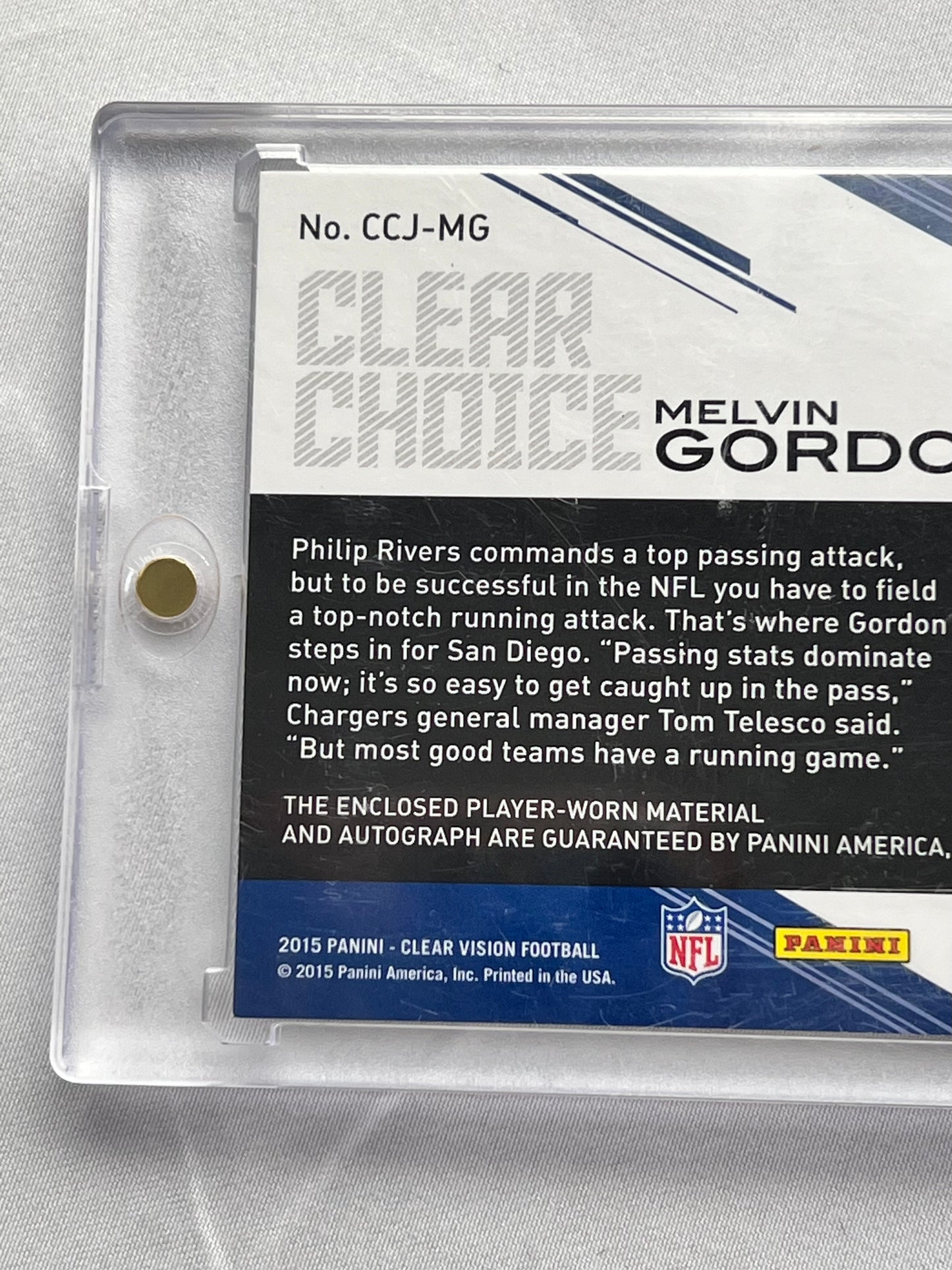 Football Card - Melvin Gordon III - Rookie Card - Clear Vision -2015 Panini - Autographed patch - # 22/25 CCJ-MG - LA Chargers