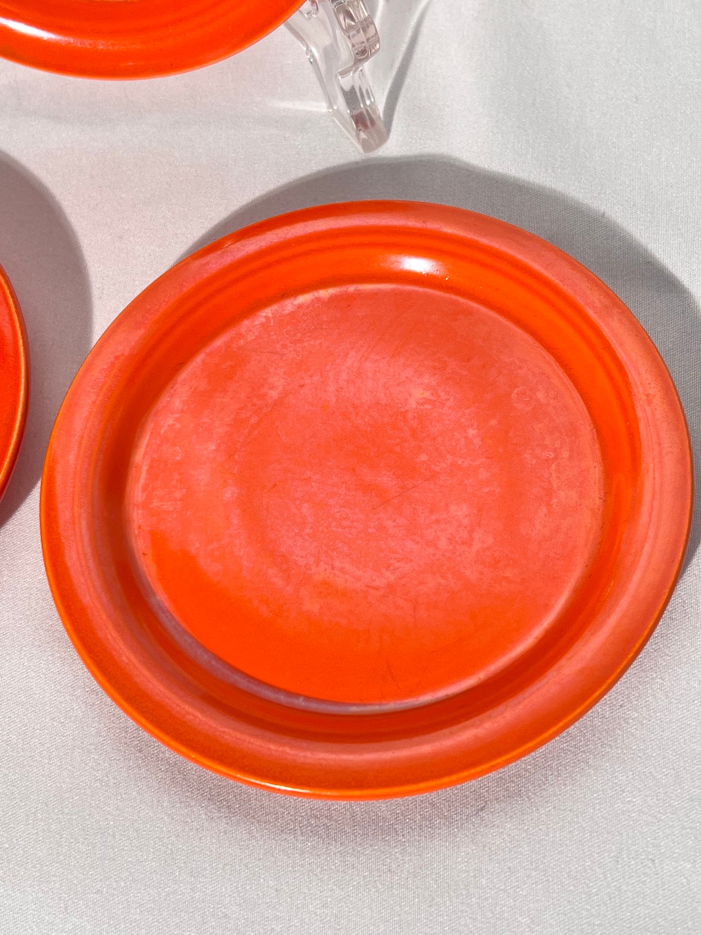Bauer Pottery- vintage- orange- 4 1/2” saucers - set of 3 - Ring ware