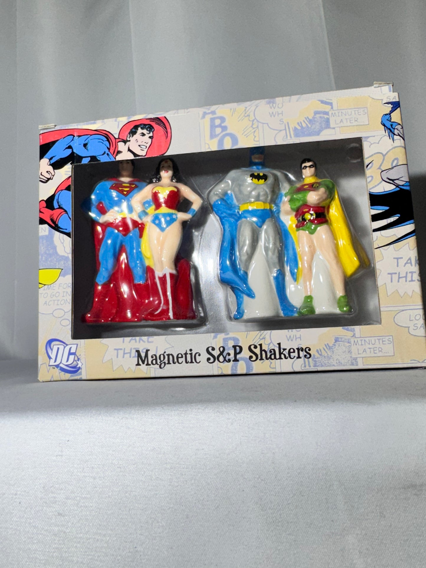 Superman, Wonder Woman, Batman, and Robin-magnetic salt and pepper shakers-DC comics-Warner Brothers-original box