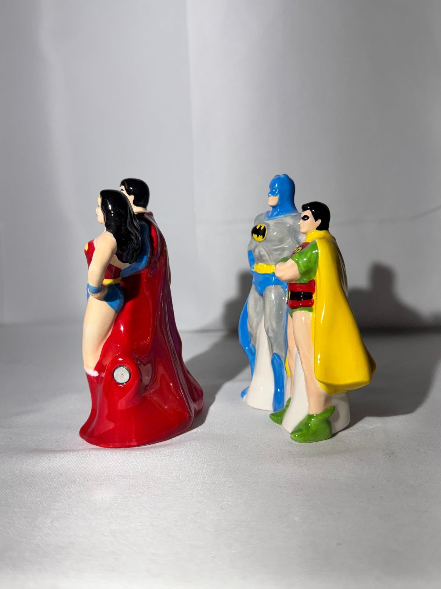 Superman, Wonder Woman, Batman, and Robin-magnetic salt and pepper shakers-DC comics-Warner Brothers-original box