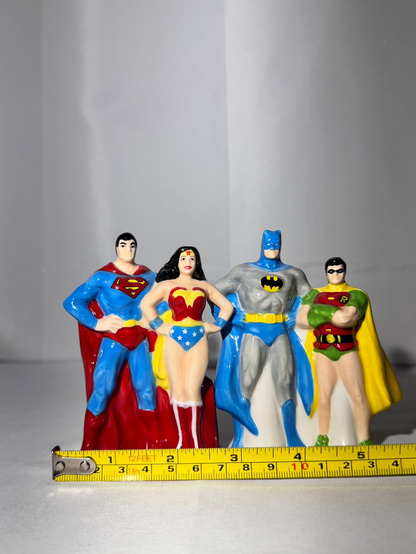 Superman, Wonder Woman, Batman, and Robin-magnetic salt and pepper shakers-DC comics-Warner Brothers-original box