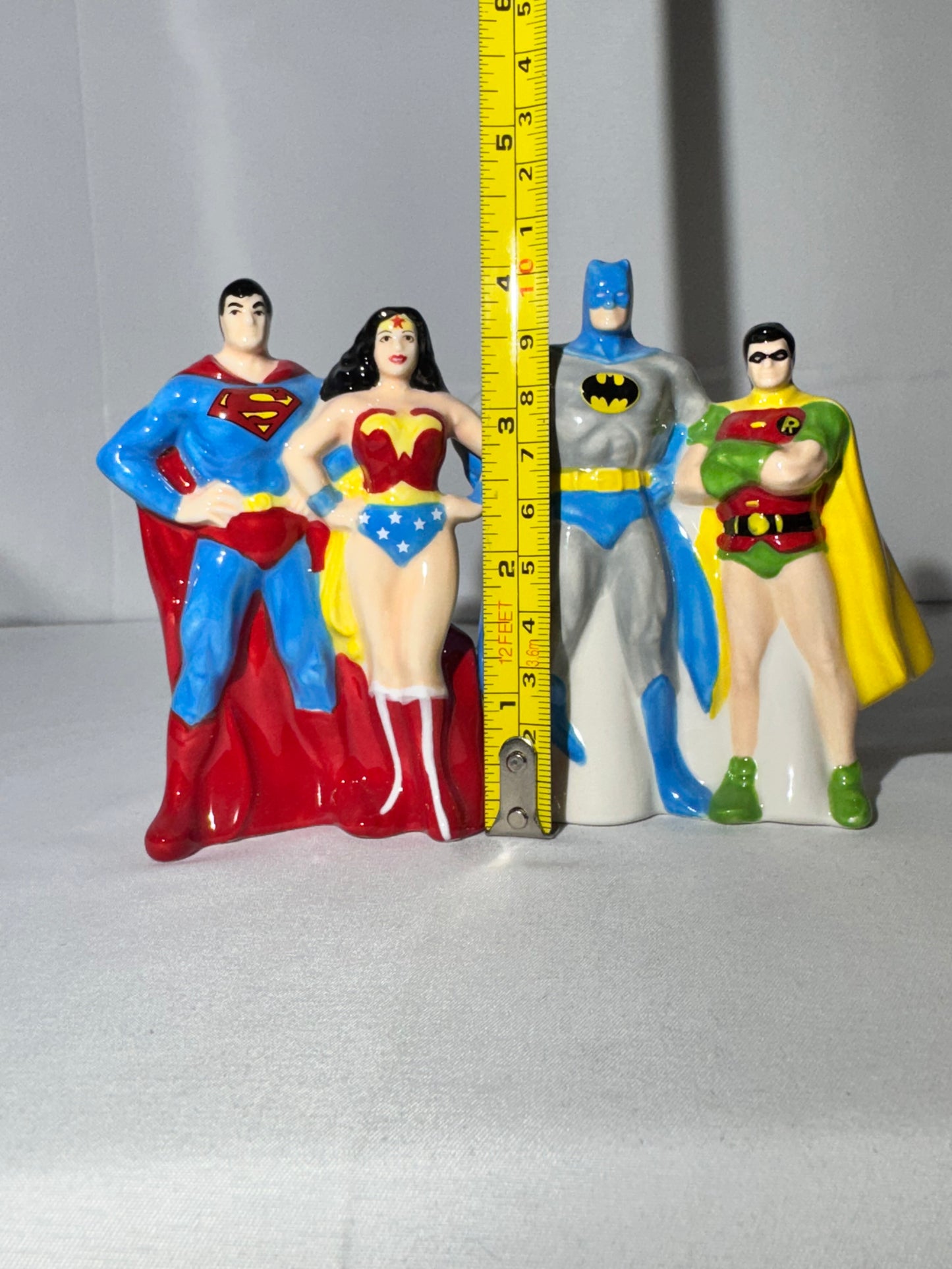Superman, Wonder Woman, Batman, and Robin-magnetic salt and pepper shakers-DC comics-Warner Brothers-original box