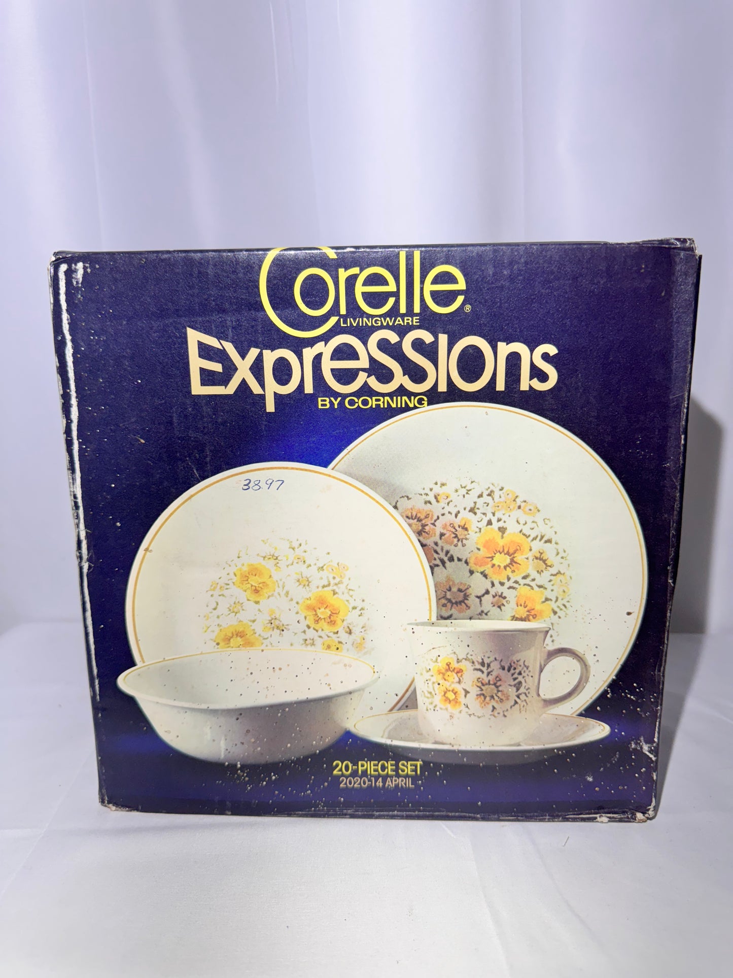 Corelle by Corning - April- 20 piece set - 2020-14 - set consist of for each large plates, medium plates, 18 ounce bowls, cups and saucers- unopened Box