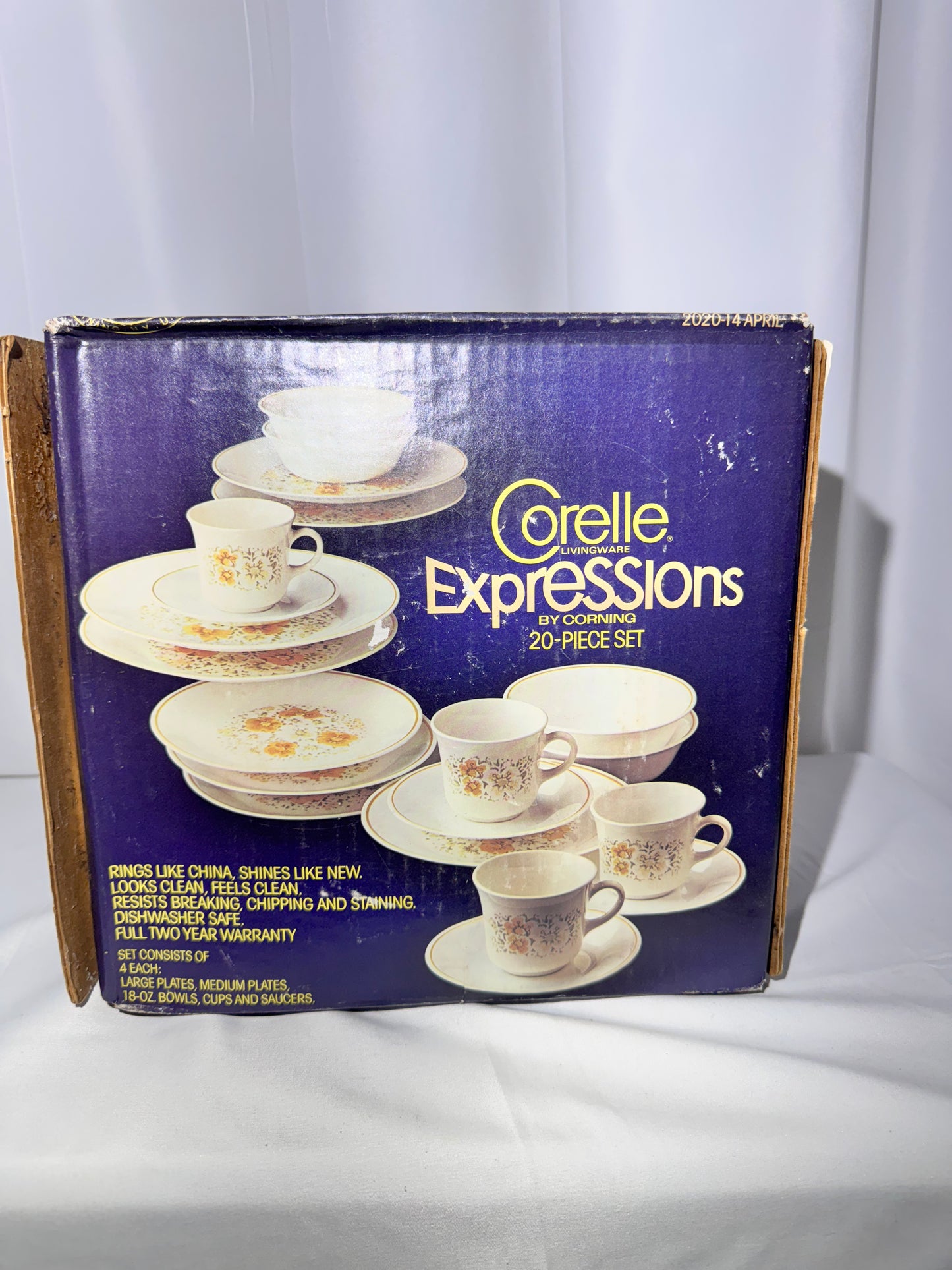 Corelle by Corning - April- 20 piece set - 2020-14 - set consist of for each large plates, medium plates, 18 ounce bowls, cups and saucers- unopened Box