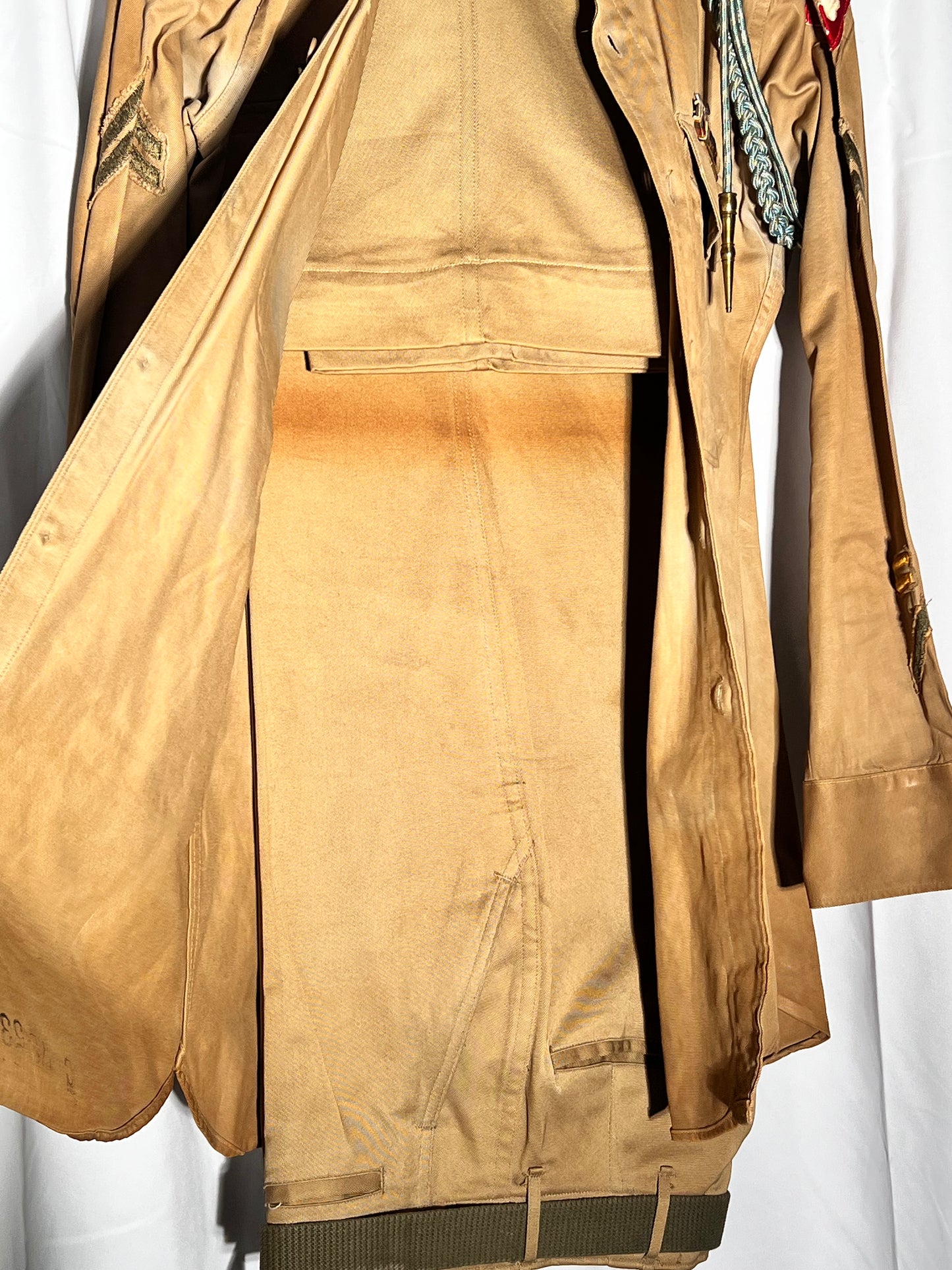 World War II lot - military uniform- dog tags- 2 duffel bags- decorated and patches on uniform
