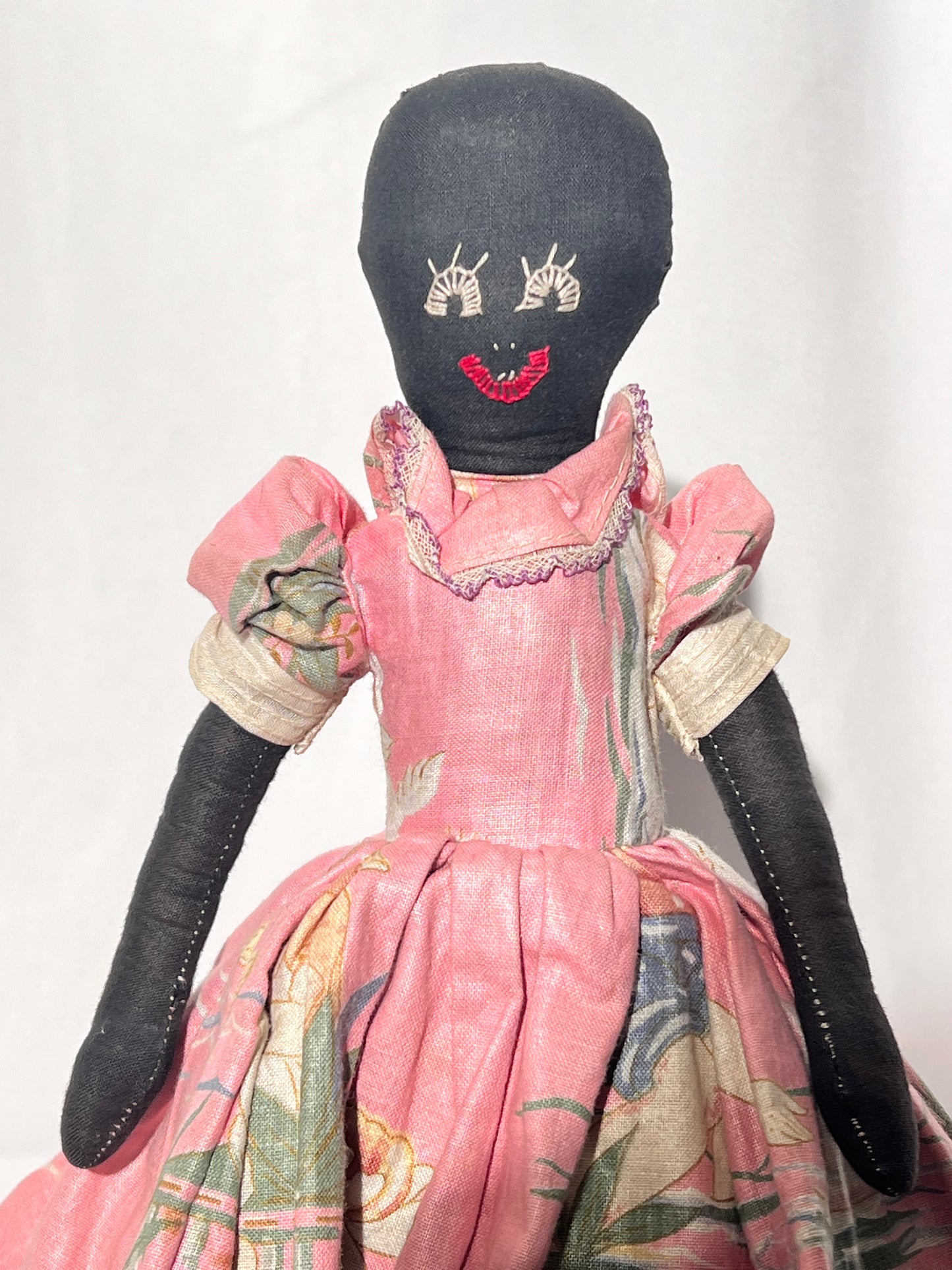 Antique Topsy turvy doll - 12” hand made - Africa American with pink dress flipped redhead in blue dress