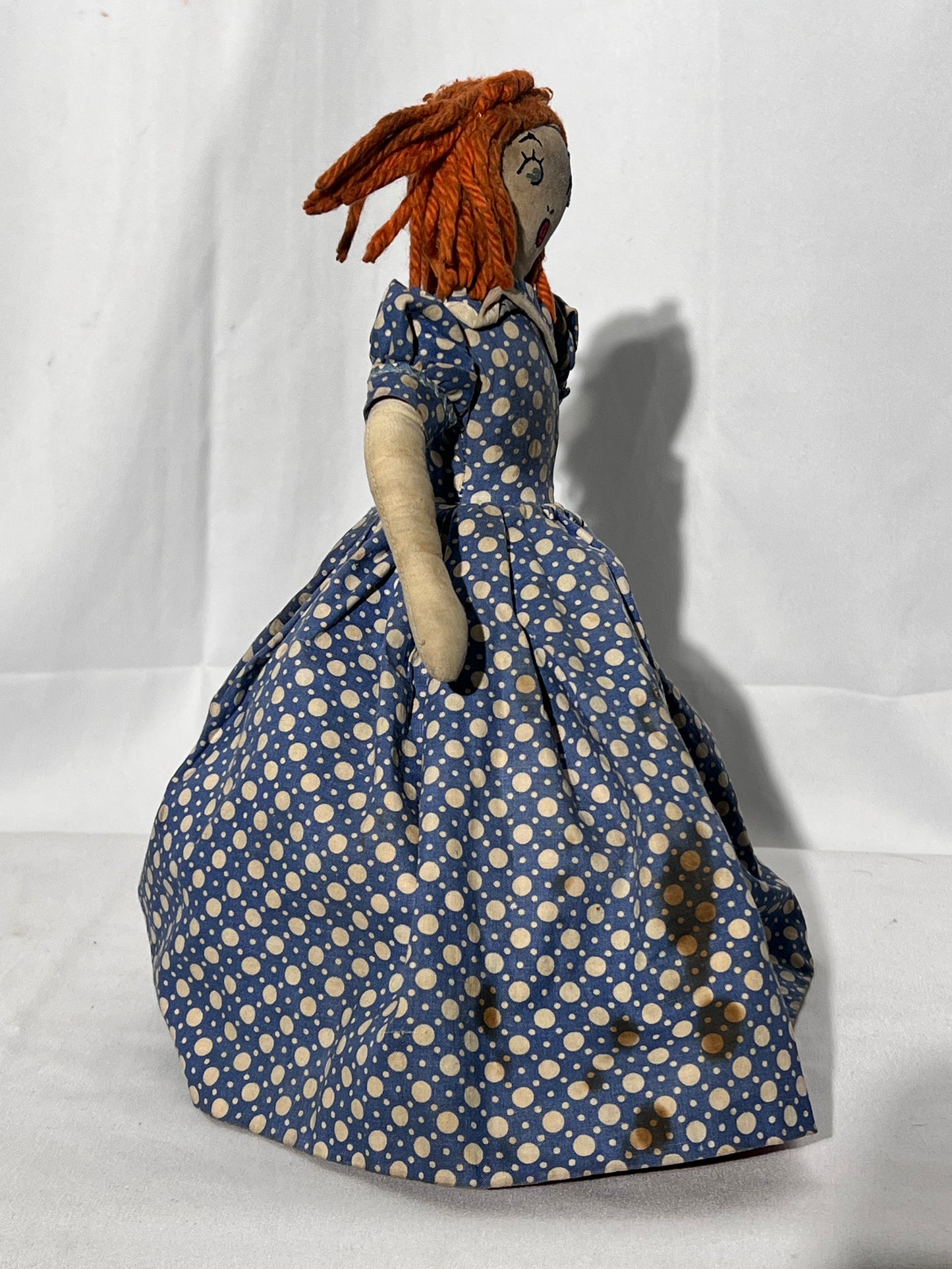 Antique Topsy turvy doll - 12” hand made - Africa American with pink dress flipped redhead in blue dress