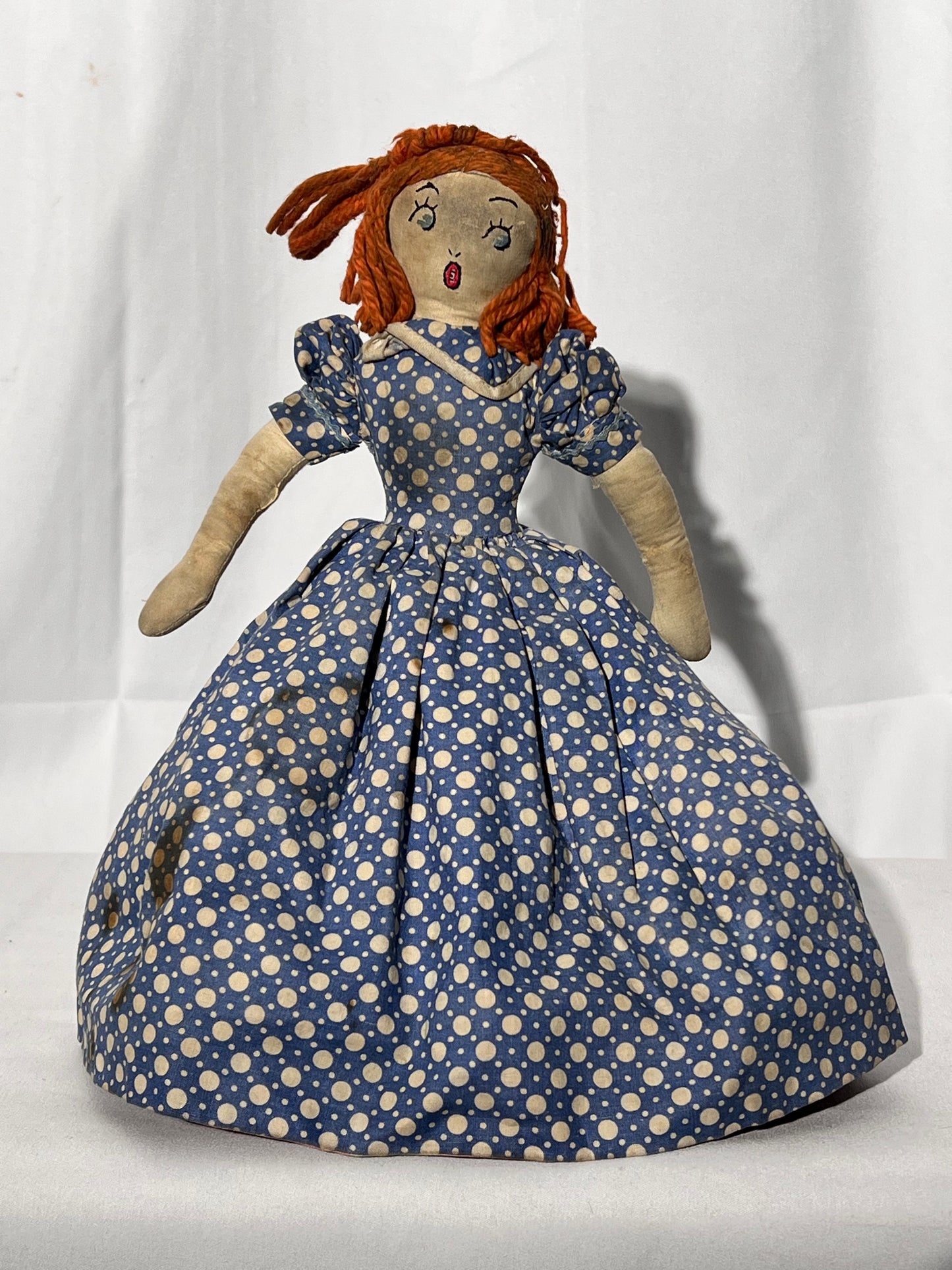 Antique Topsy turvy doll - 12” hand made - Africa American with pink dress flipped redhead in blue dress