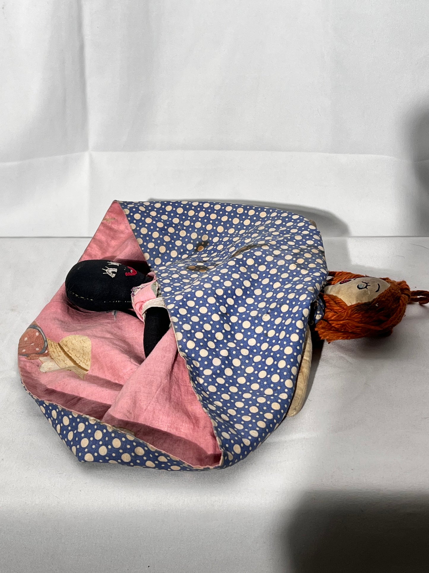 Antique Topsy turvy doll - 12” hand made - Africa American with pink dress flipped redhead in blue dress