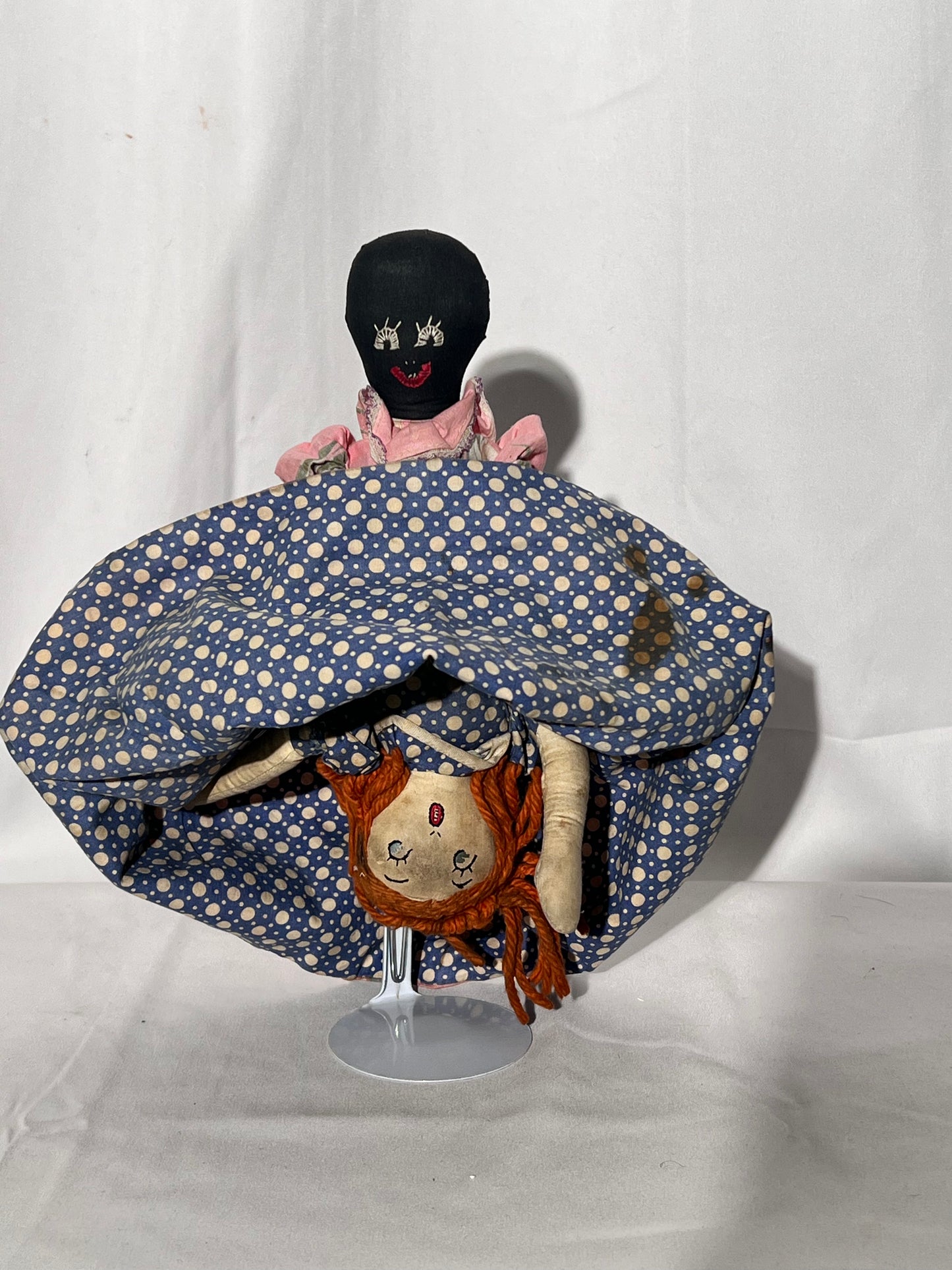 Antique Topsy turvy doll - 12” hand made - Africa American with pink dress flipped redhead in blue dress
