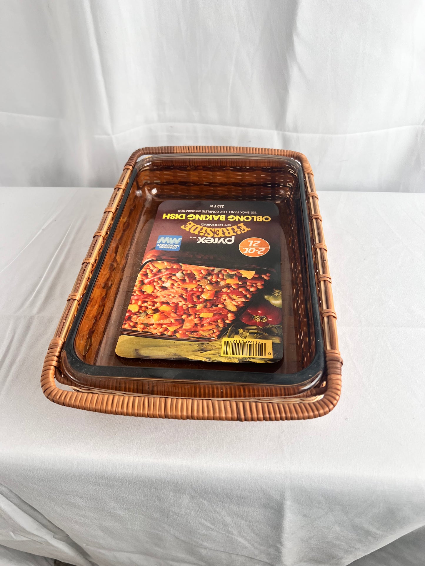Pyrex - Fireside- 2qt. Oblong Baking dish - Corning - wicker serving basket- unused