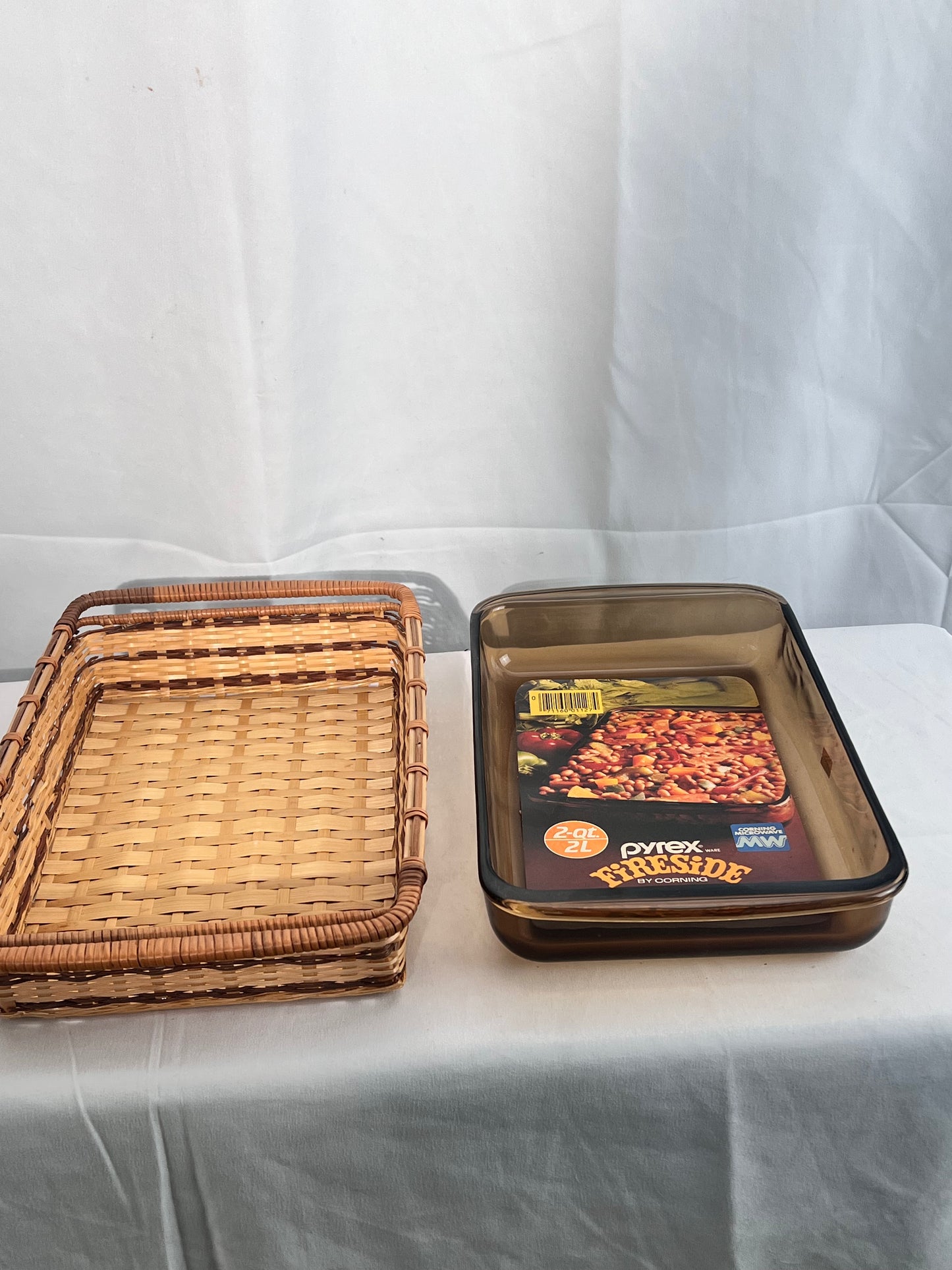 Pyrex - Fireside- 2qt. Oblong Baking dish - Corning - wicker serving basket- unused