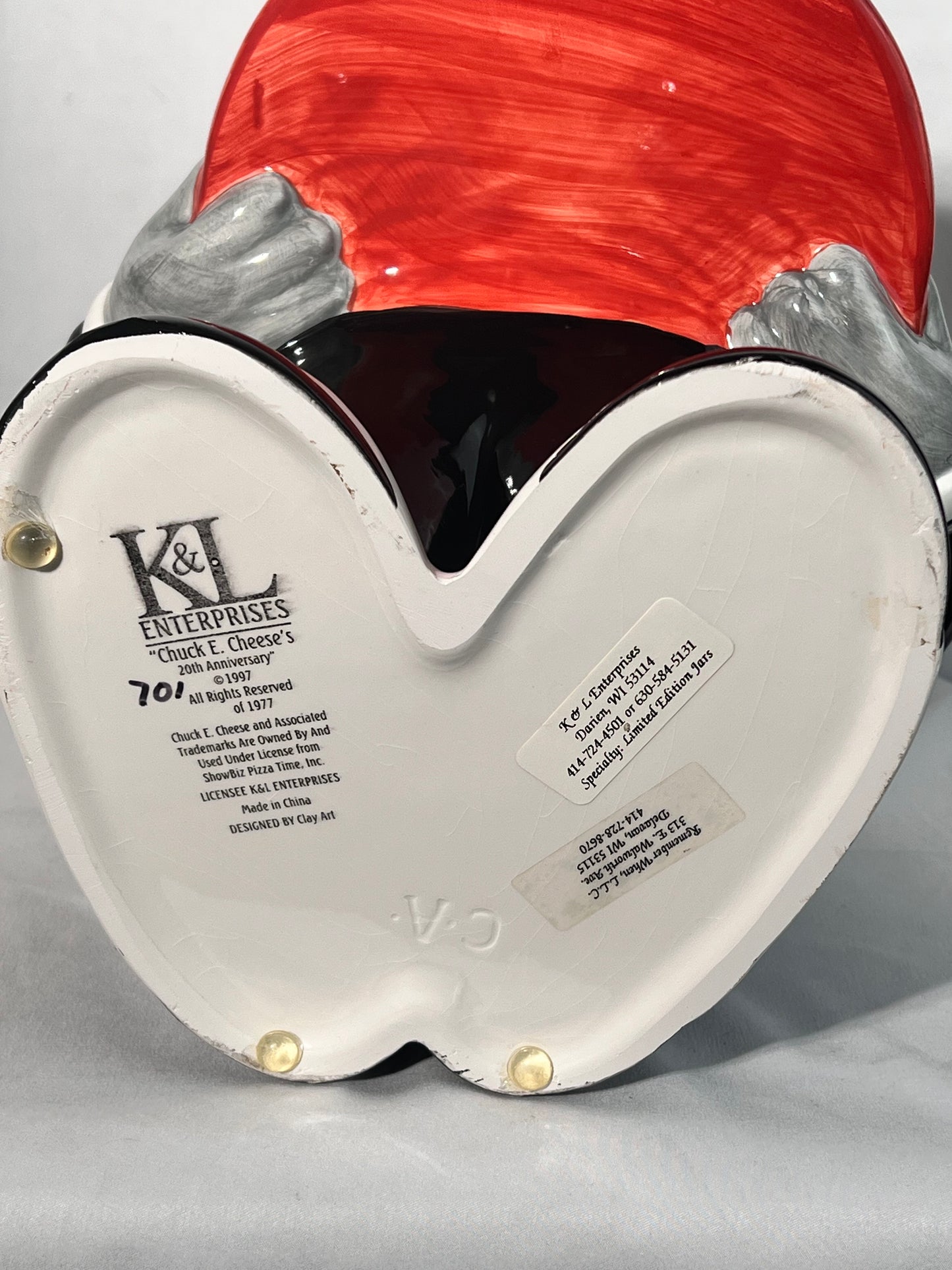 Chuck E. Cheese’s 20th Anniversary- 15” Cookie Jar - Clay Art - K & L enterprise- 1997 - Limited Edition #701