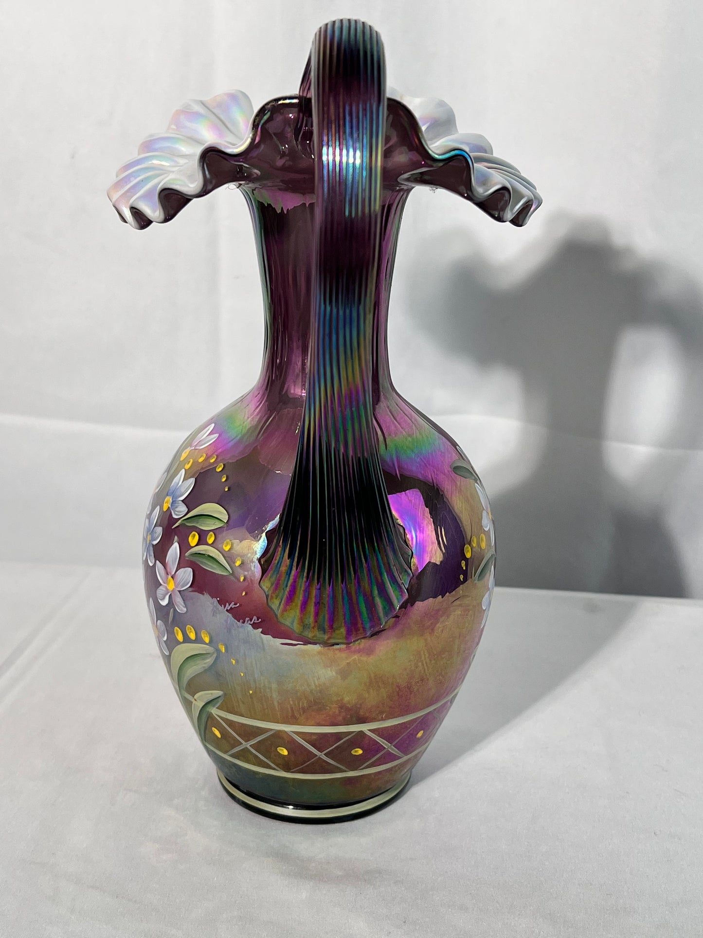 Fenton- 10” pitcher - Iridescent glass-find by Frank M Fenton & Bill Danton - hand painted