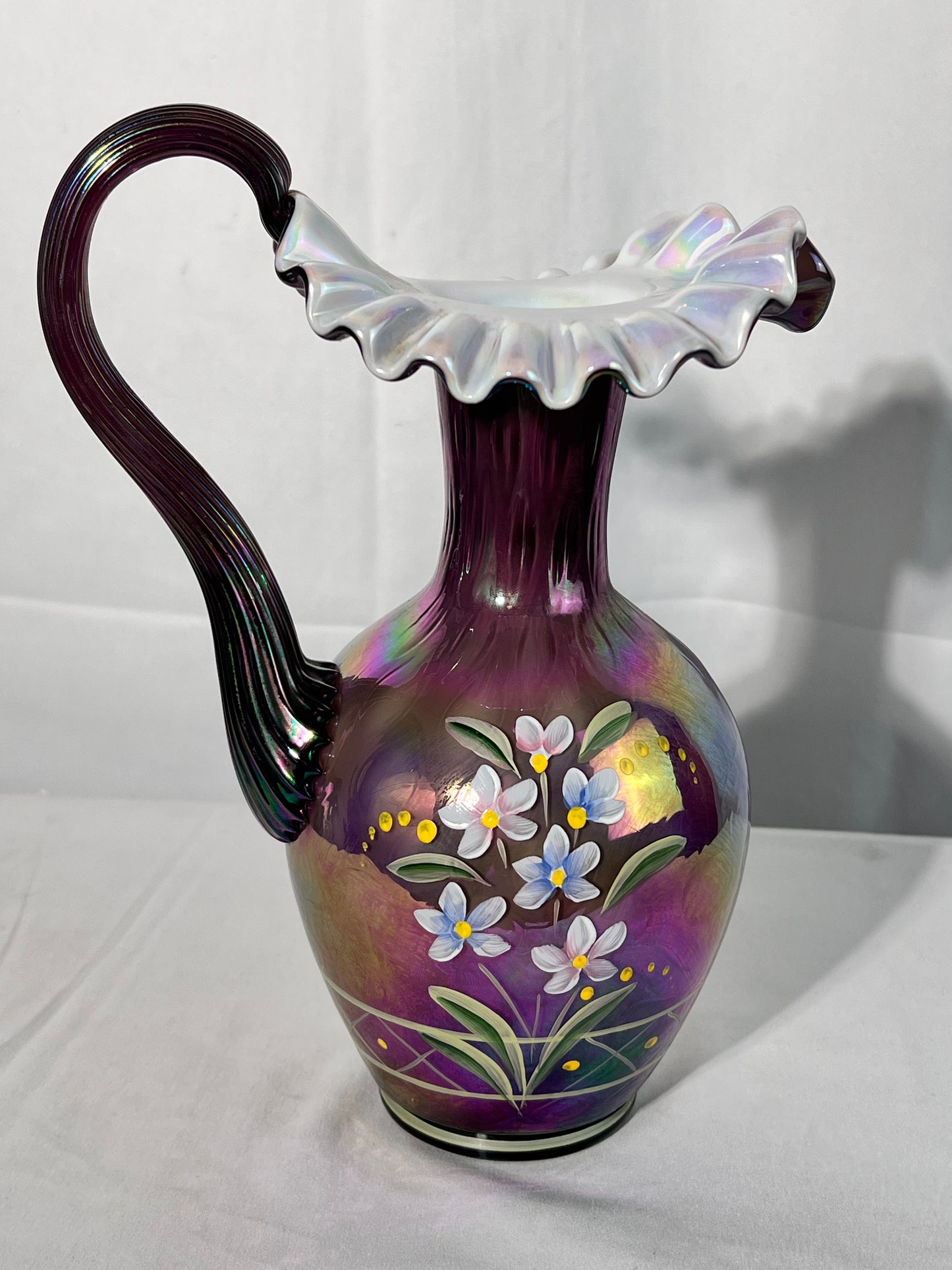 Fenton- 10” pitcher - Iridescent glass-find by Frank M Fenton & Bill Danton - hand painted