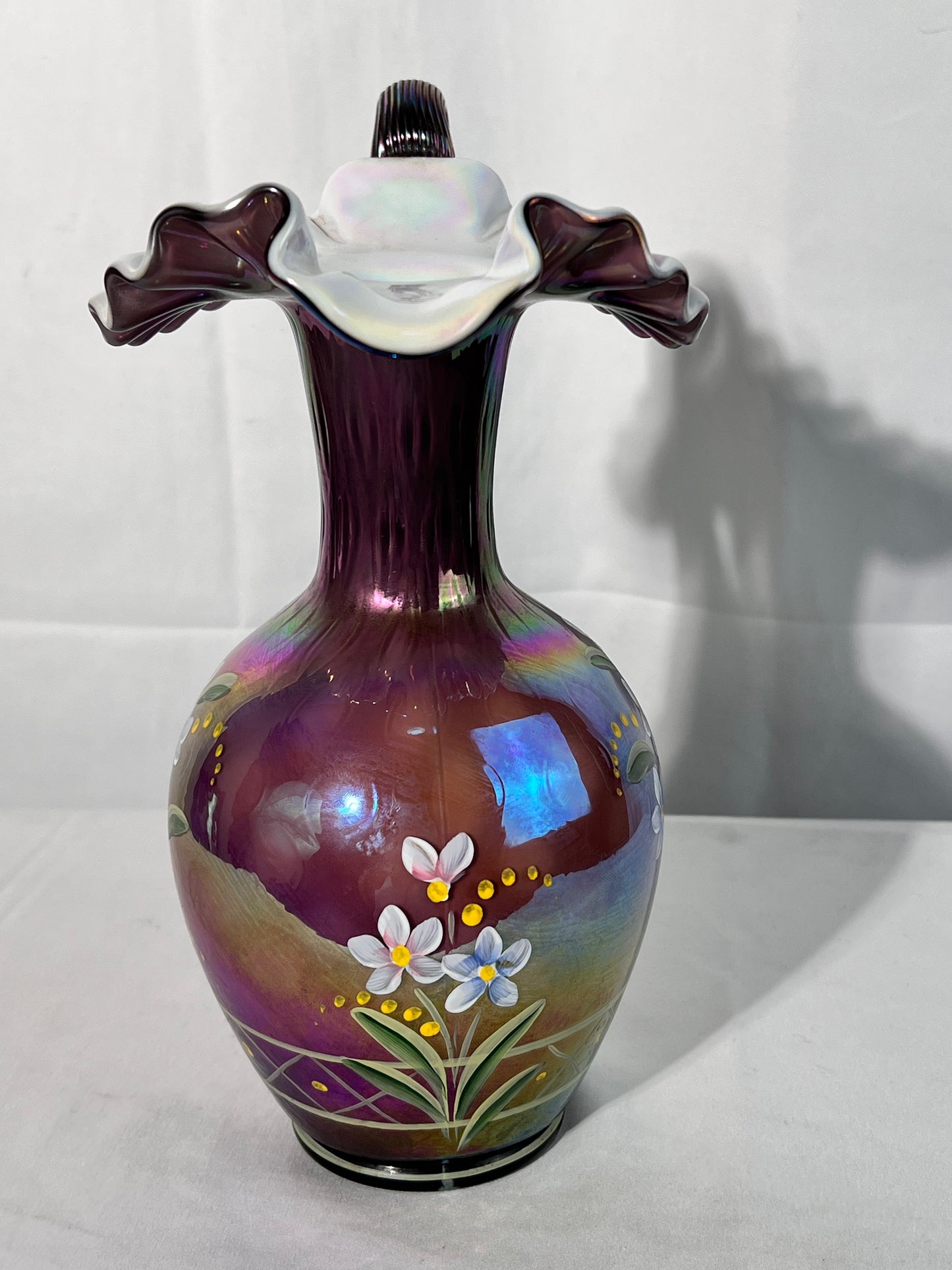 Fenton- 10” pitcher - Iridescent glass-find by Frank M Fenton & Bill Danton - hand painted