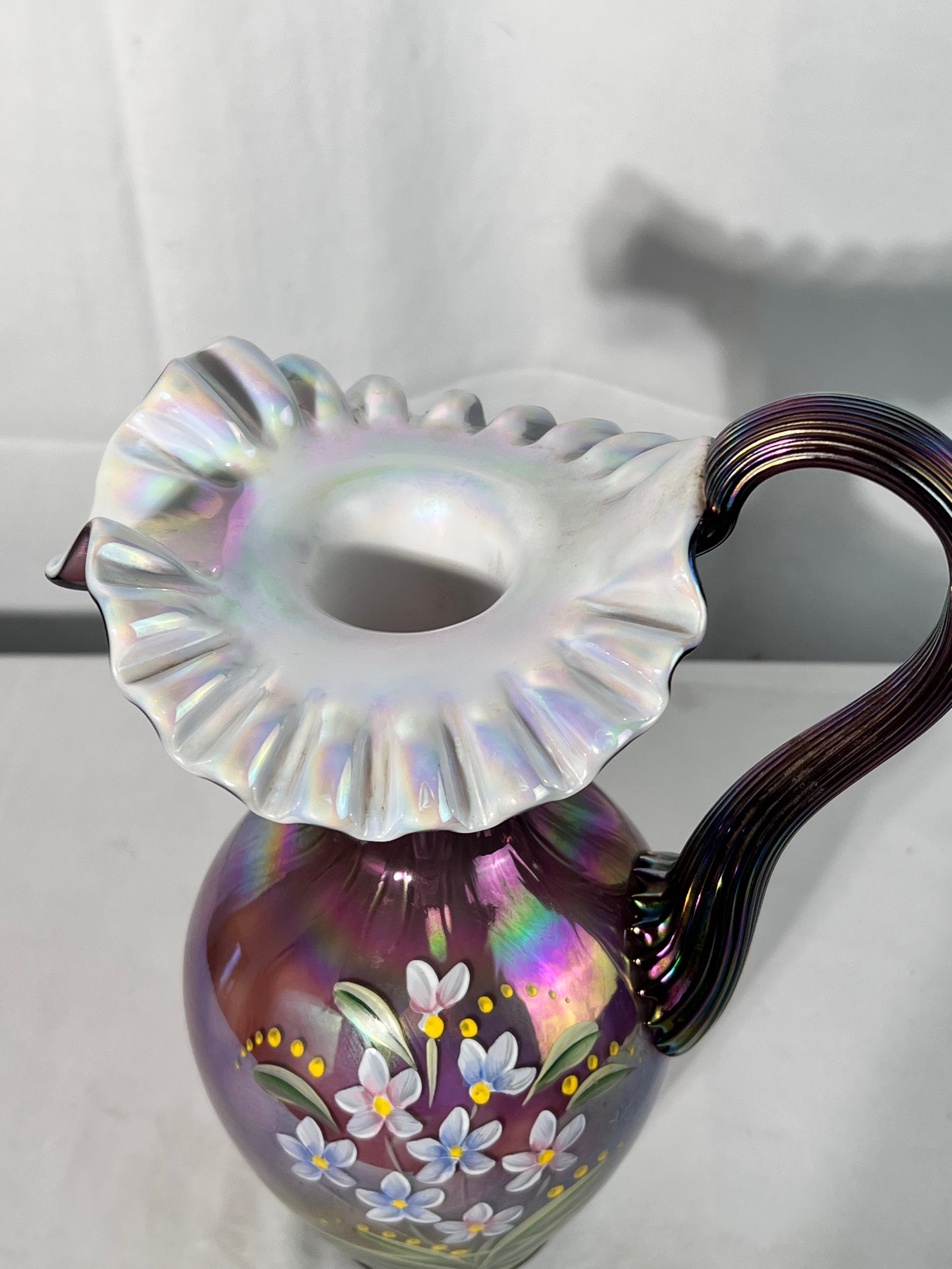 Fenton- 10” pitcher - Iridescent glass-find by Frank M Fenton & Bill Danton - hand painted