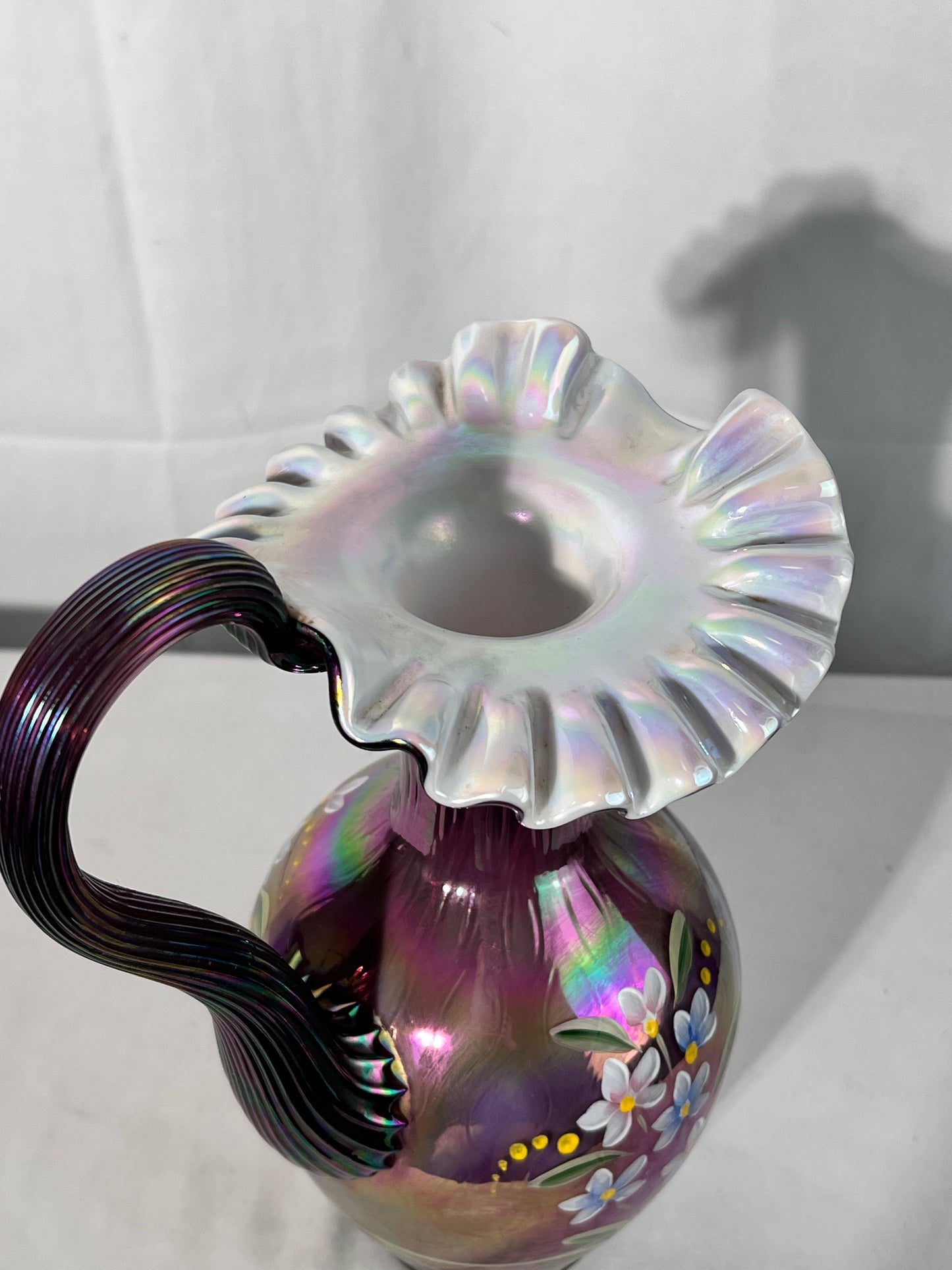 Fenton- 10” pitcher - Iridescent glass-find by Frank M Fenton & Bill Danton - hand painted