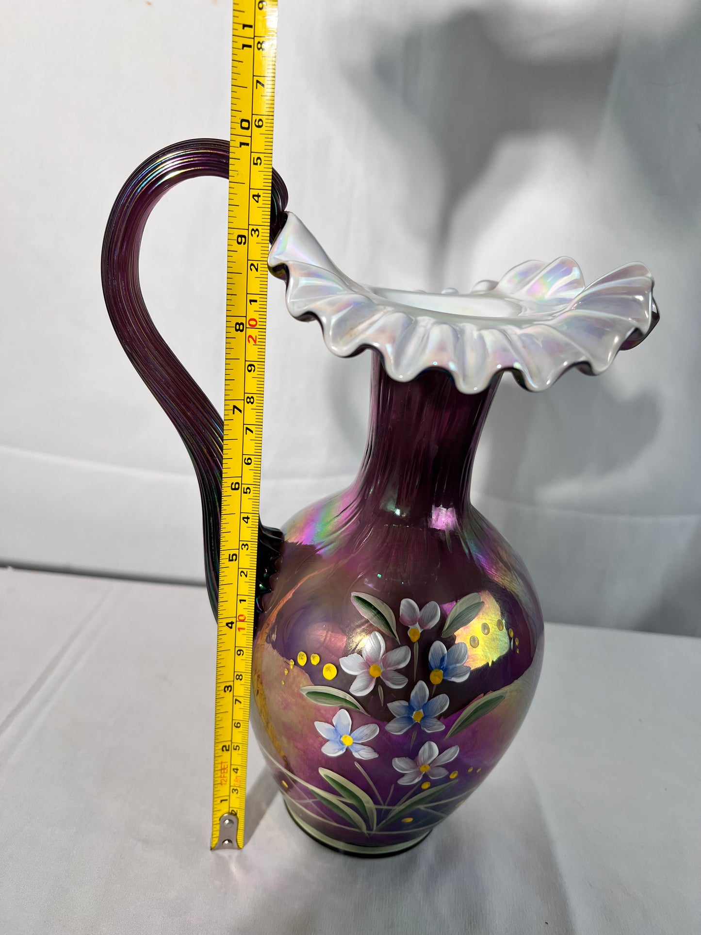 Fenton- 10” pitcher - Iridescent glass-find by Frank M Fenton & Bill Danton - hand painted