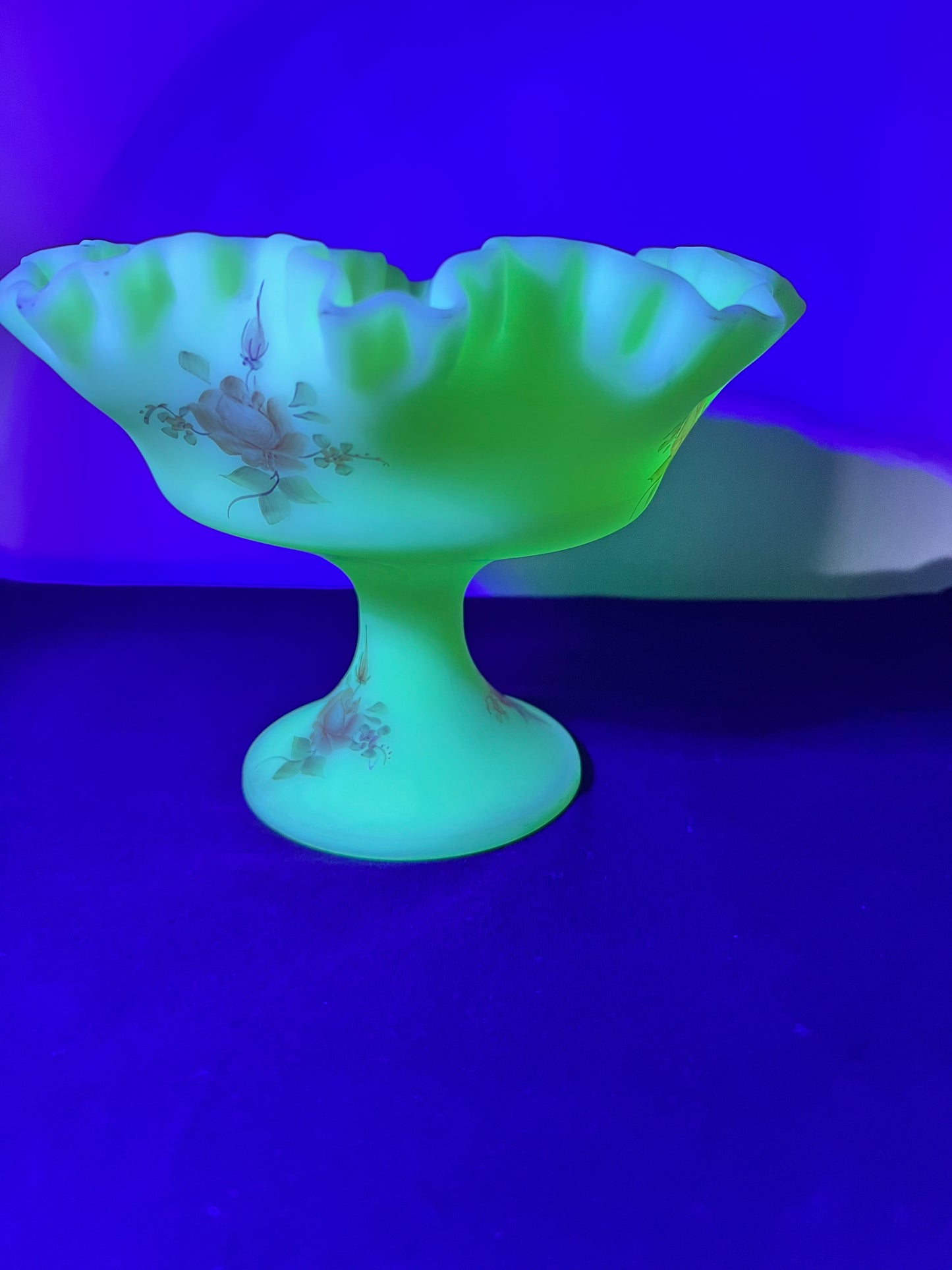 Uranium -Fenton -Burmese Satin- Hand-painted- Rose pattern- Pedestal Compote 